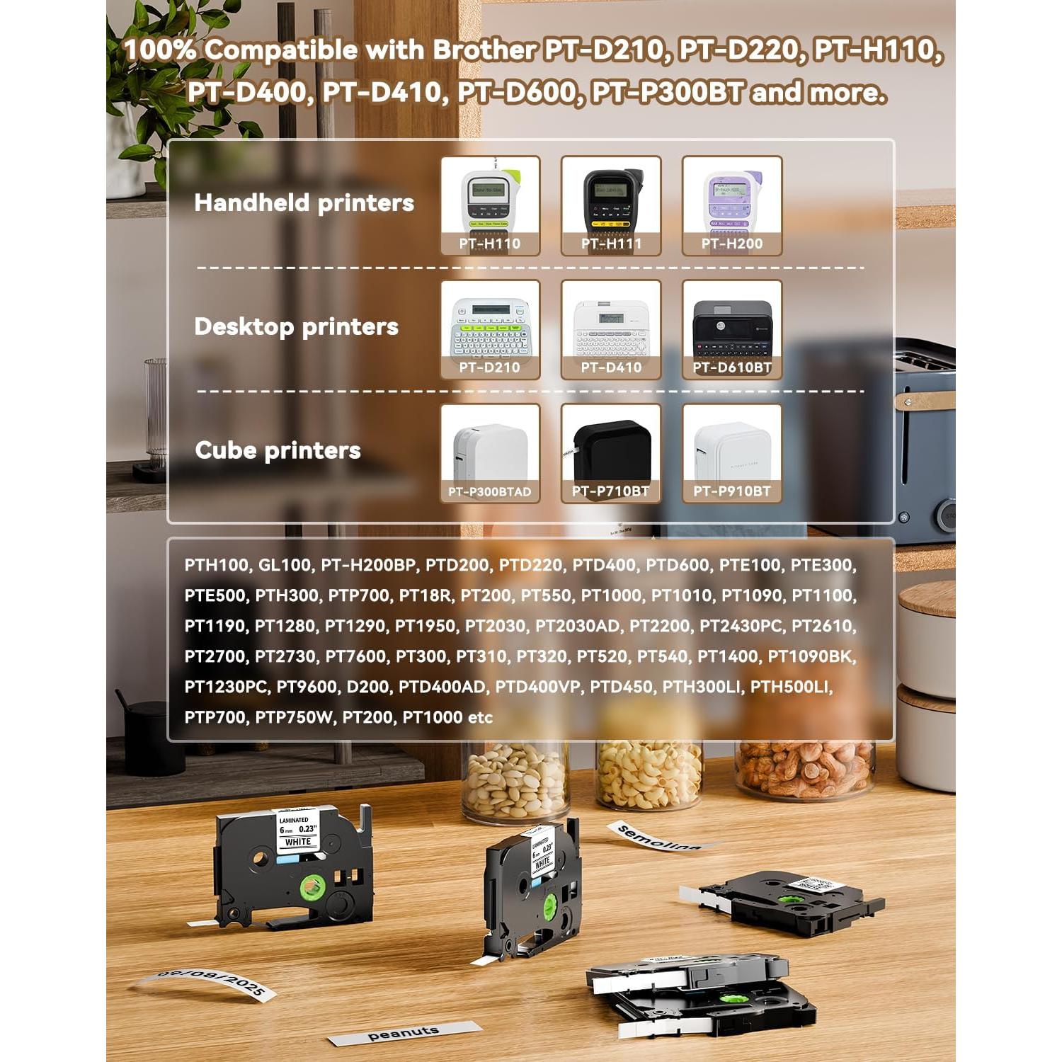 Cinta de Etiqueta Laminada Greateam 6mm Negra sobre Blanco - 5 Unidades