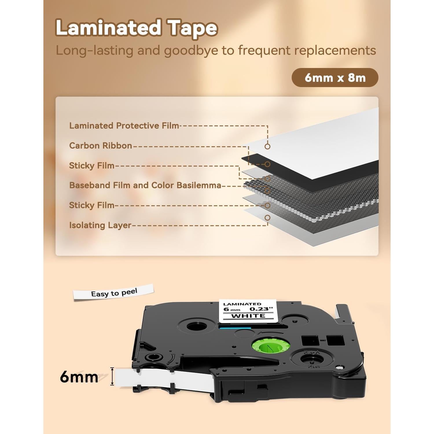 Cinta de Etiqueta Laminada Greateam 6mm Negra sobre Blanco - 5 Unidades