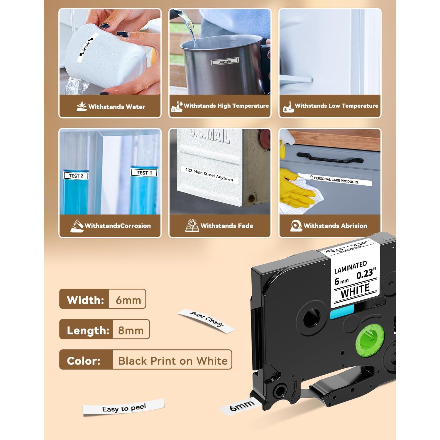 Cinta de Etiqueta Laminada Greateam 6mm Negra sobre Blanco - 5 Unidades
