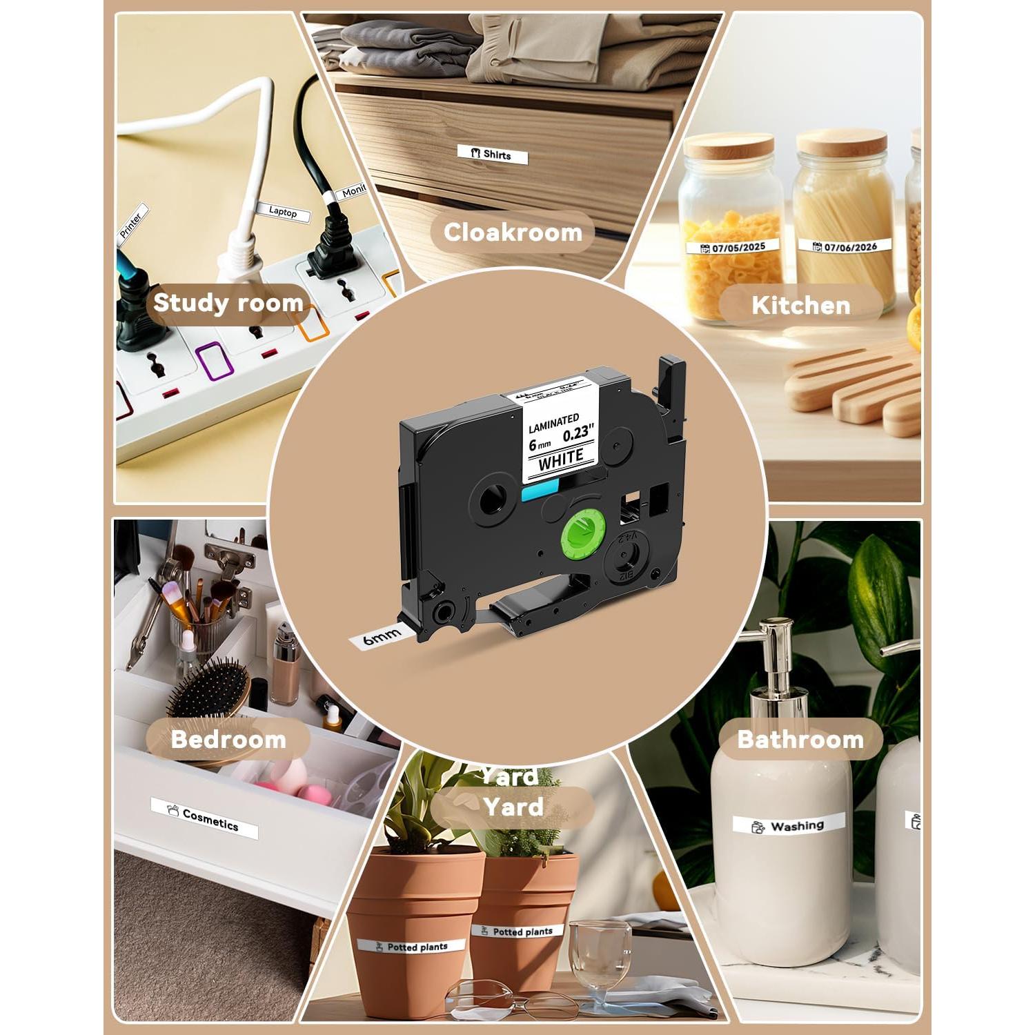 Cinta de Etiqueta Laminada Greateam 6mm Negra sobre Blanco - 5 Unidades