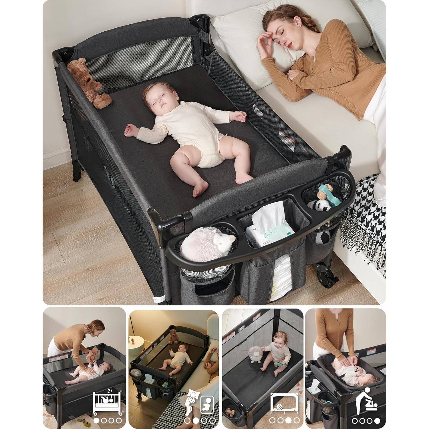 Cuna de lado AirClub 4 en 1 con mesa de cambio y parque infantil