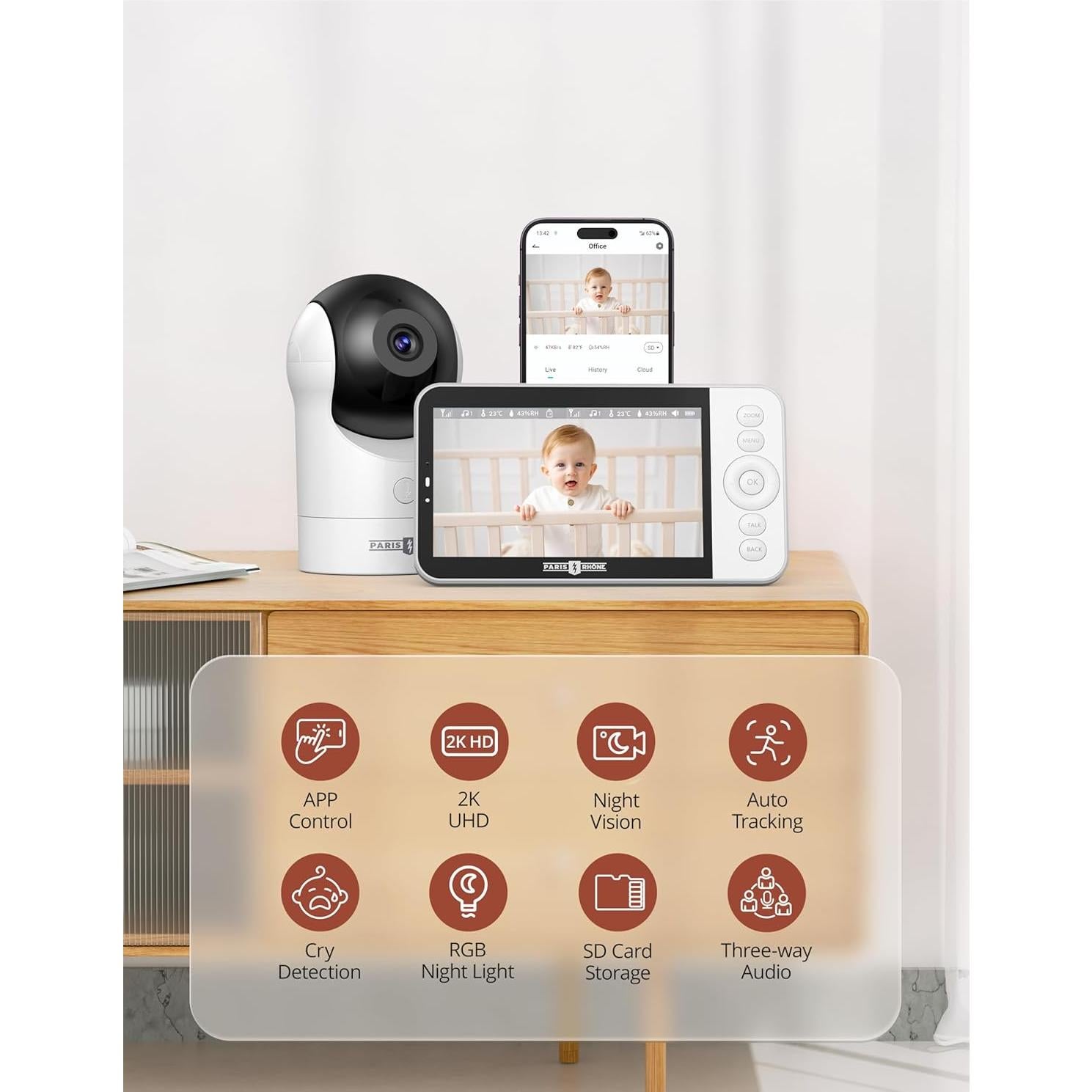 Monitor de Bebé Paris Rhône 2K UHD con Cámara WiFi 5"