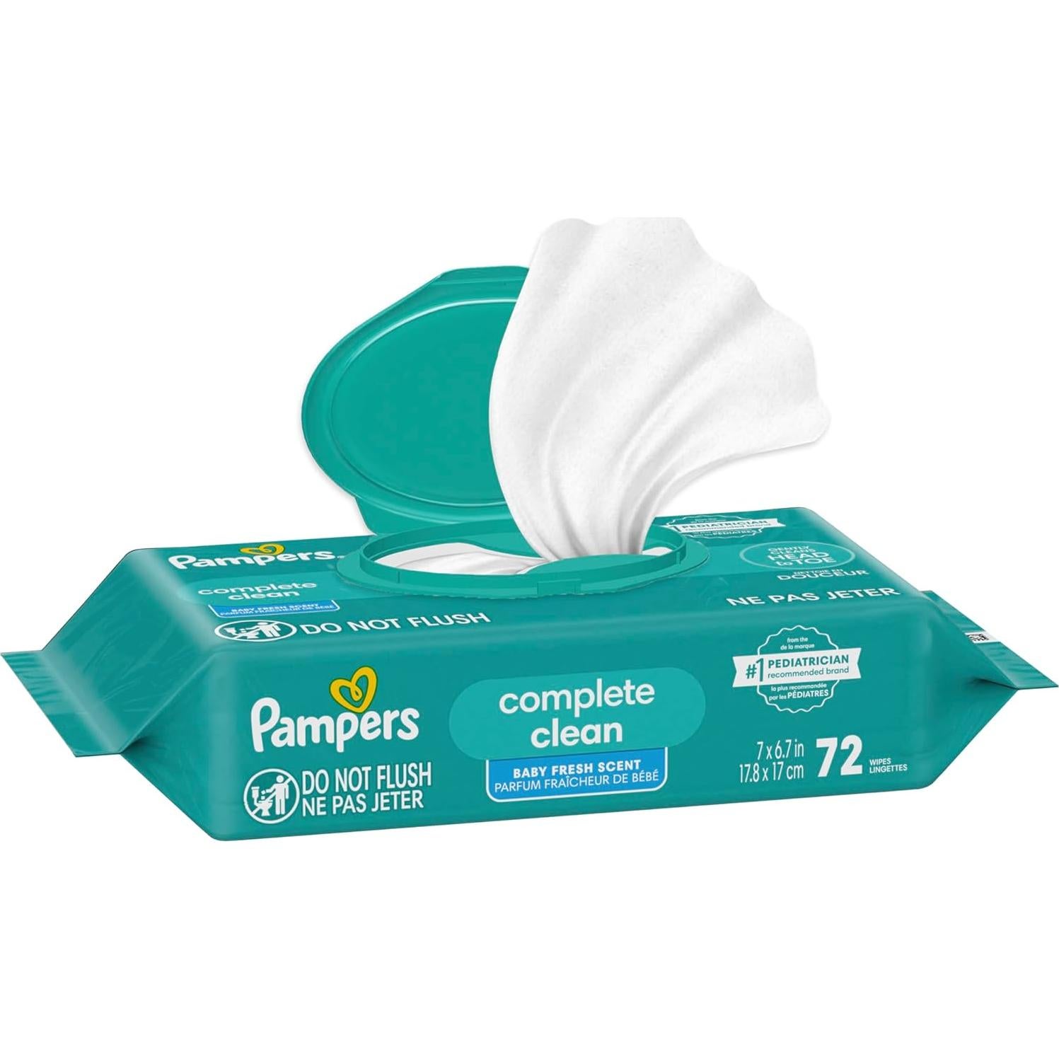 Pampers Baby Wipes, Complete Clean Baby Fresh Scented Wipe, Gently Cleans Head to Toe, 72 Total (1 Flip-Top Packs)