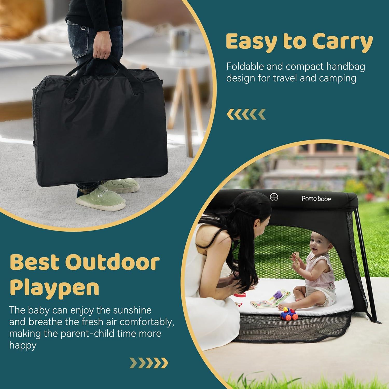 Cuna de viaje Pamo Babe negra ligera con colchón 109x73 cm