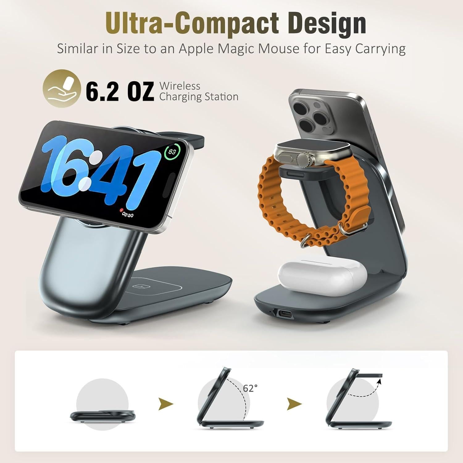 Estación de Carga Plegable 3 en 1 Apple Gris - iPhone, Watch, AirPods