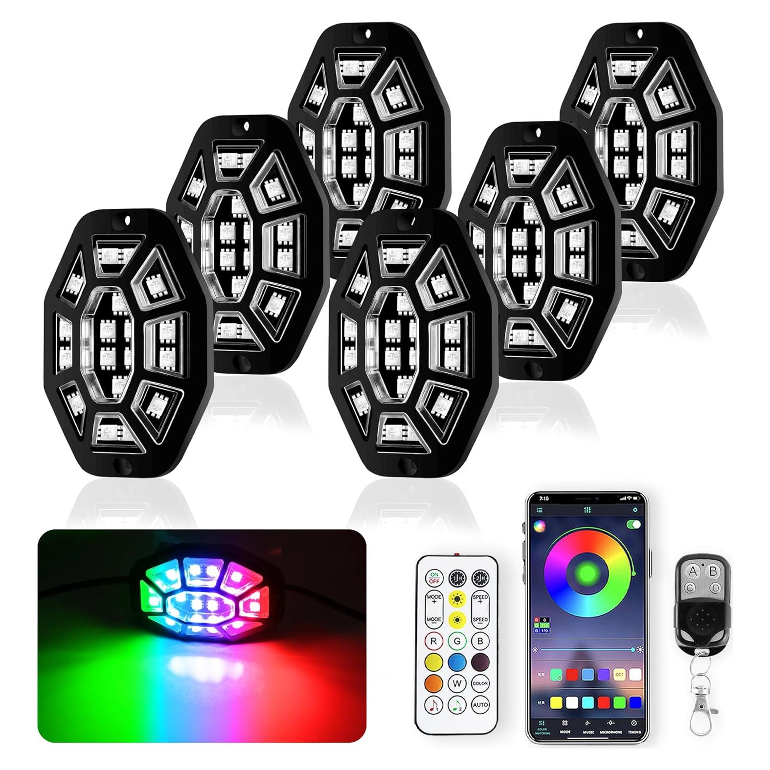 Luces de Rocas RGB Auto Buero 6 Pods 108 LEDs Impermeables