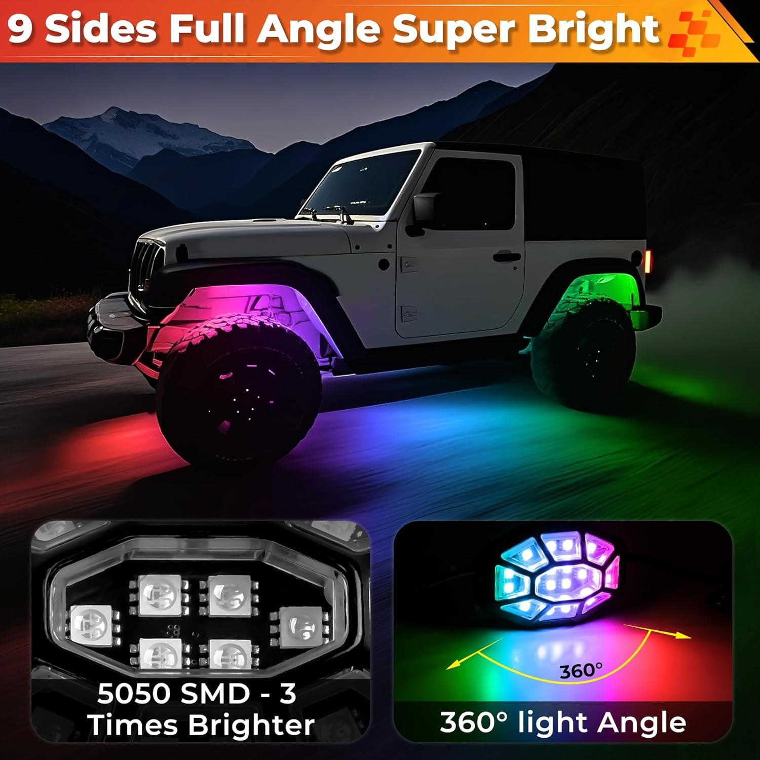 Luces de Rocas RGB Auto Buero 6 Pods 108 LEDs Impermeables