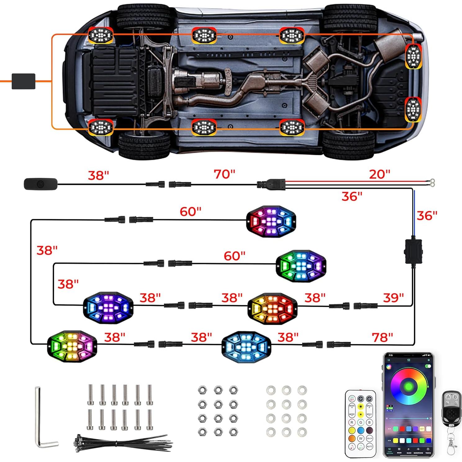 Luces de Rocas RGB Auto Buero 6 Pods 108 LEDs Impermeables