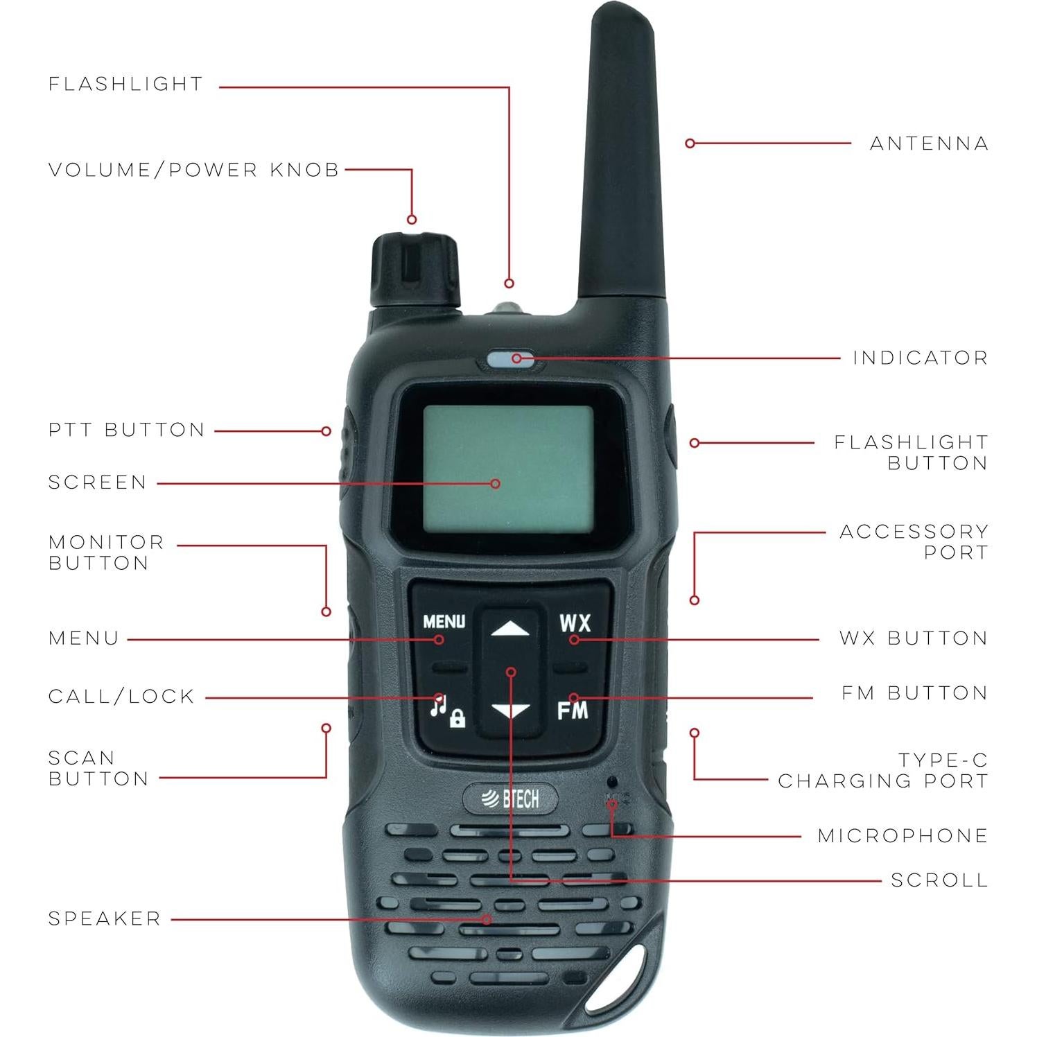 Walkie Talkies BTECH FRS-A1 Negros, 2 Unidades, Carga USB-C