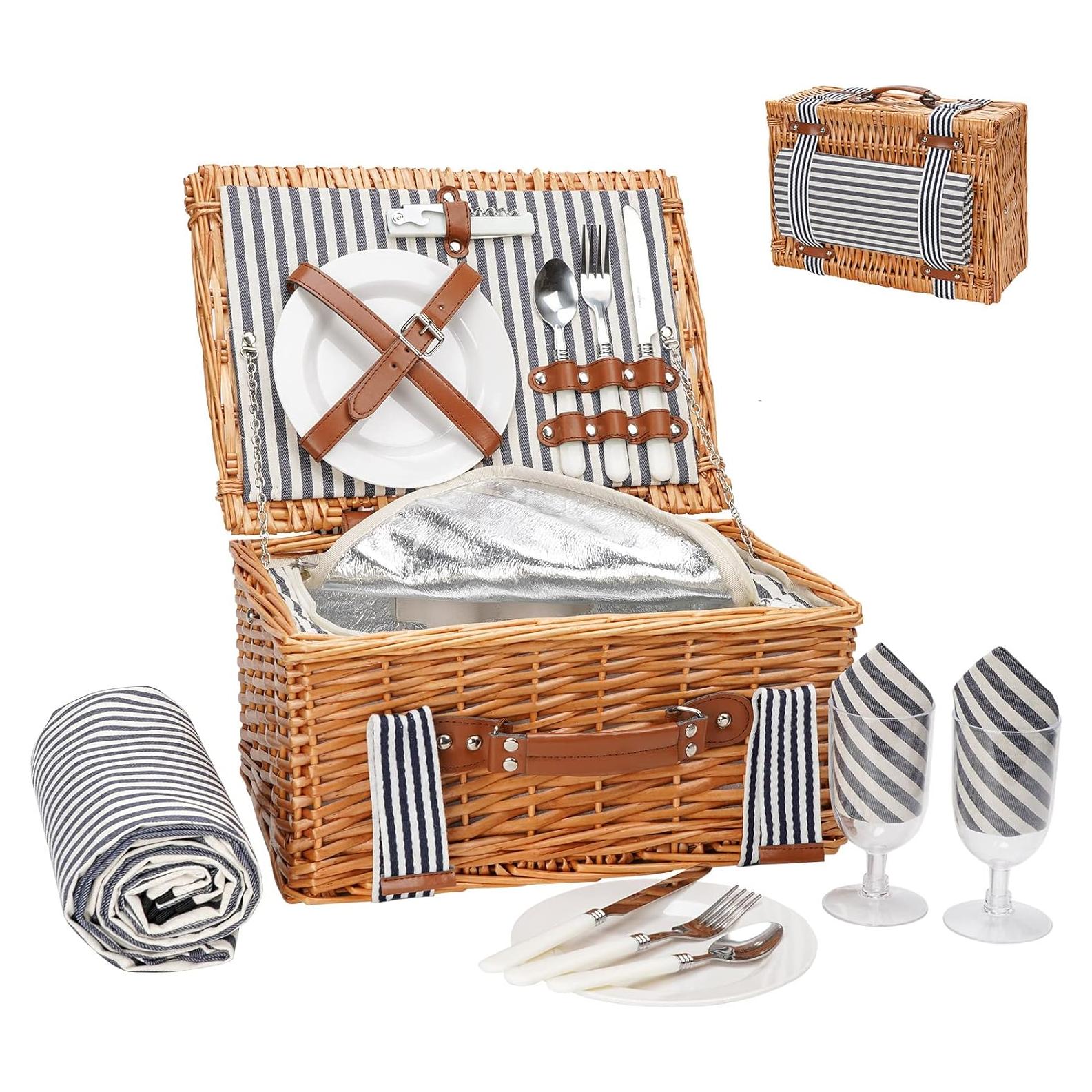 Cesta de Picnic de Mimbre WICKERLAND para 2 Personas con Manta