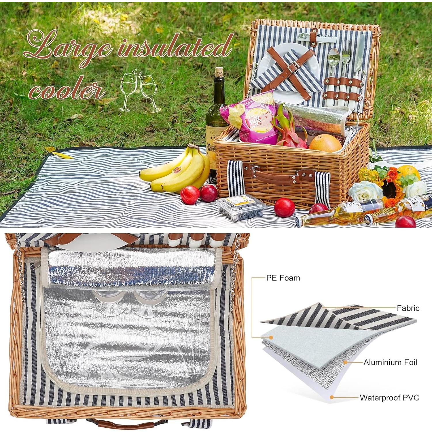 Cesta de Picnic de Mimbre WICKERLAND para 2 Personas con Manta