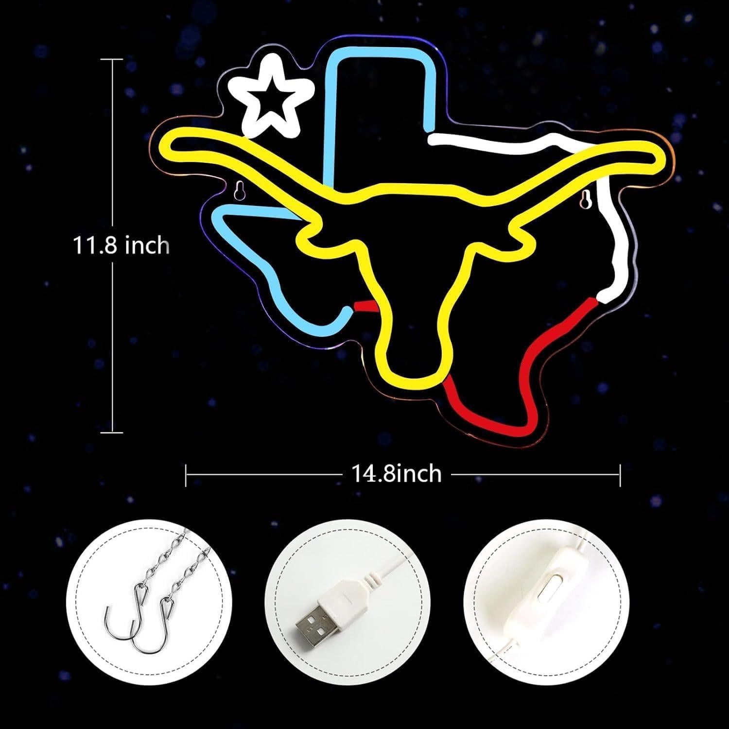 Letrero de Neón TEXAS Longhorn LED 38x30 cm para Decoración
