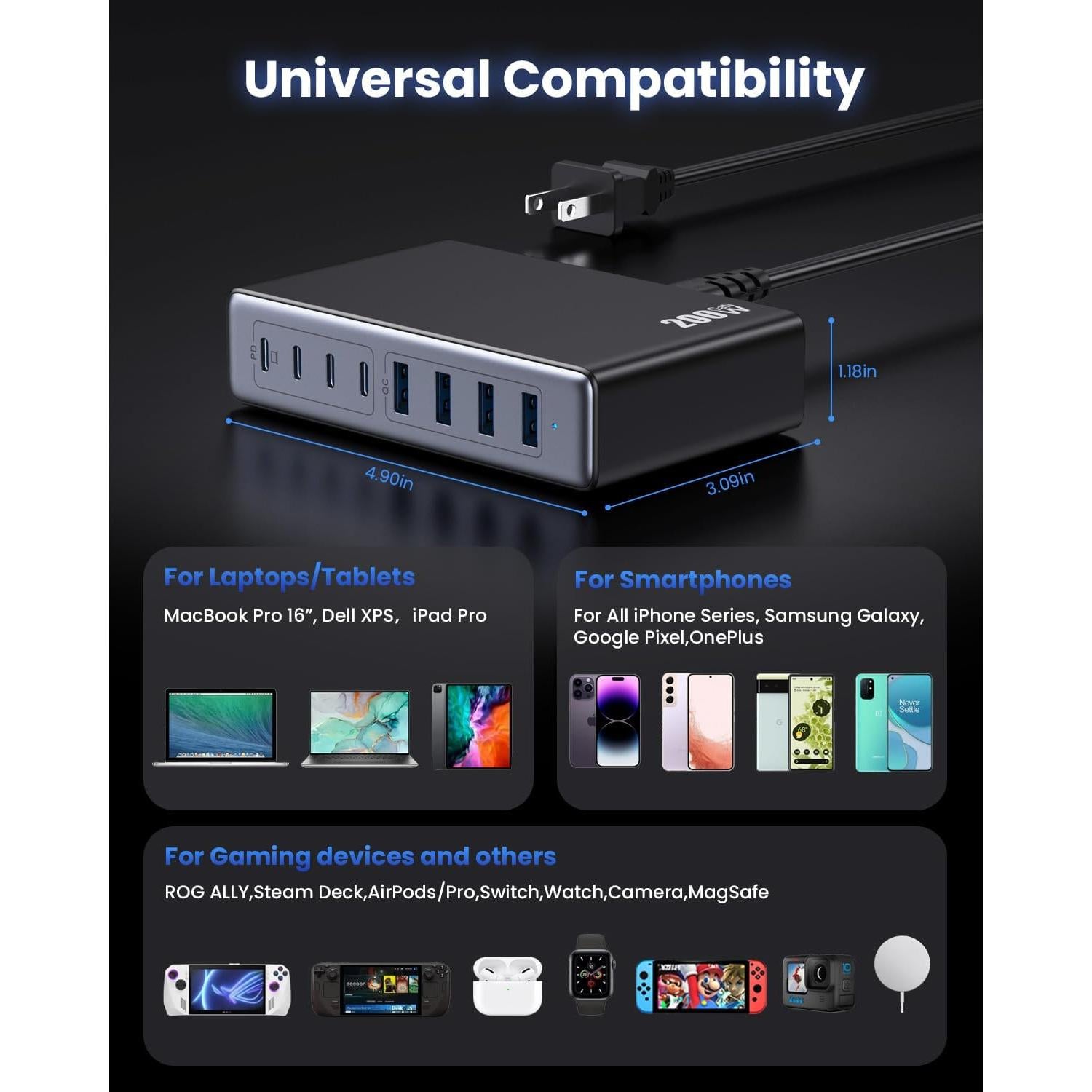 Cargador USB C 200W GaN IV 8 Puertos Rápido QC4.0 Negro