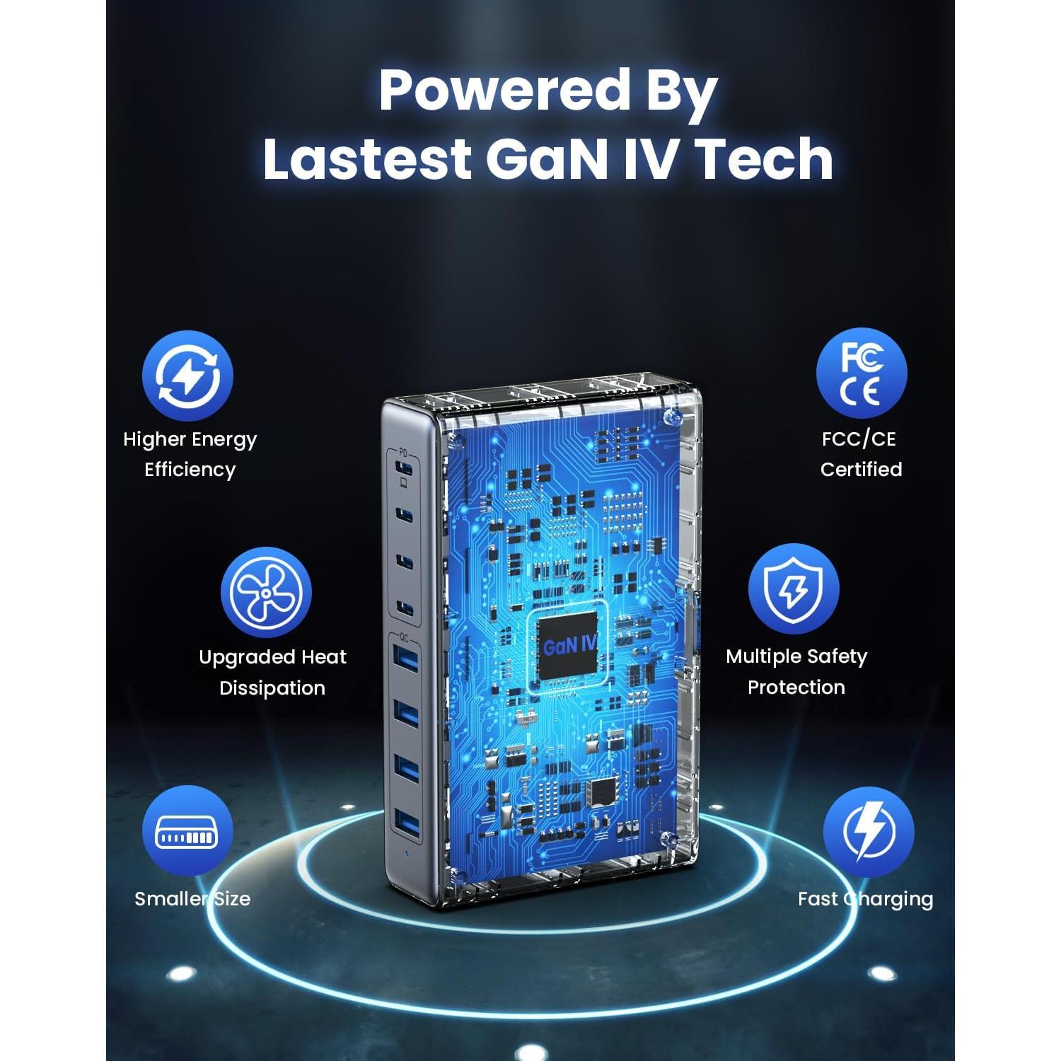 Cargador USB C 200W GaN IV 8 Puertos Rápido QC4.0 Negro