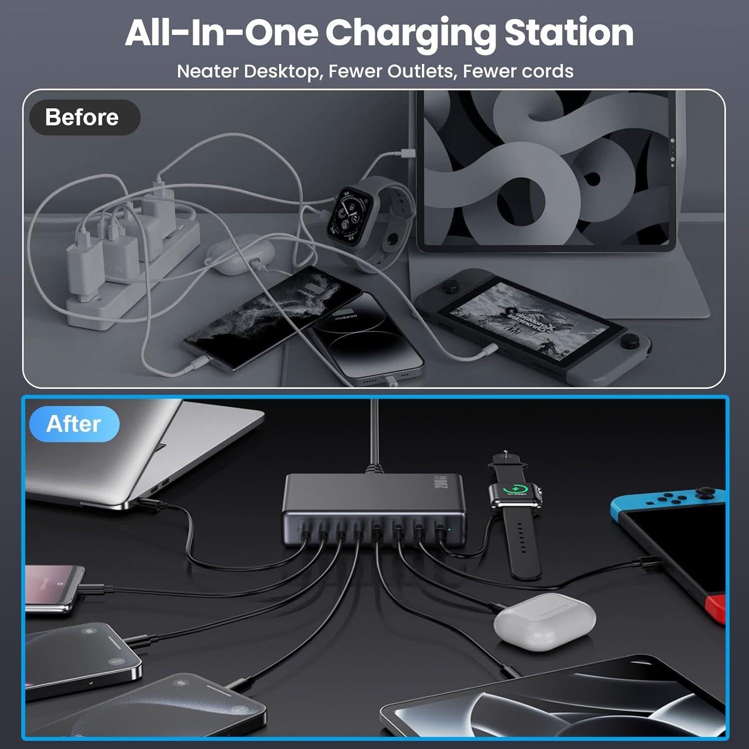 Cargador USB C 200W GaN IV 8 Puertos Rápido QC4.0 Negro