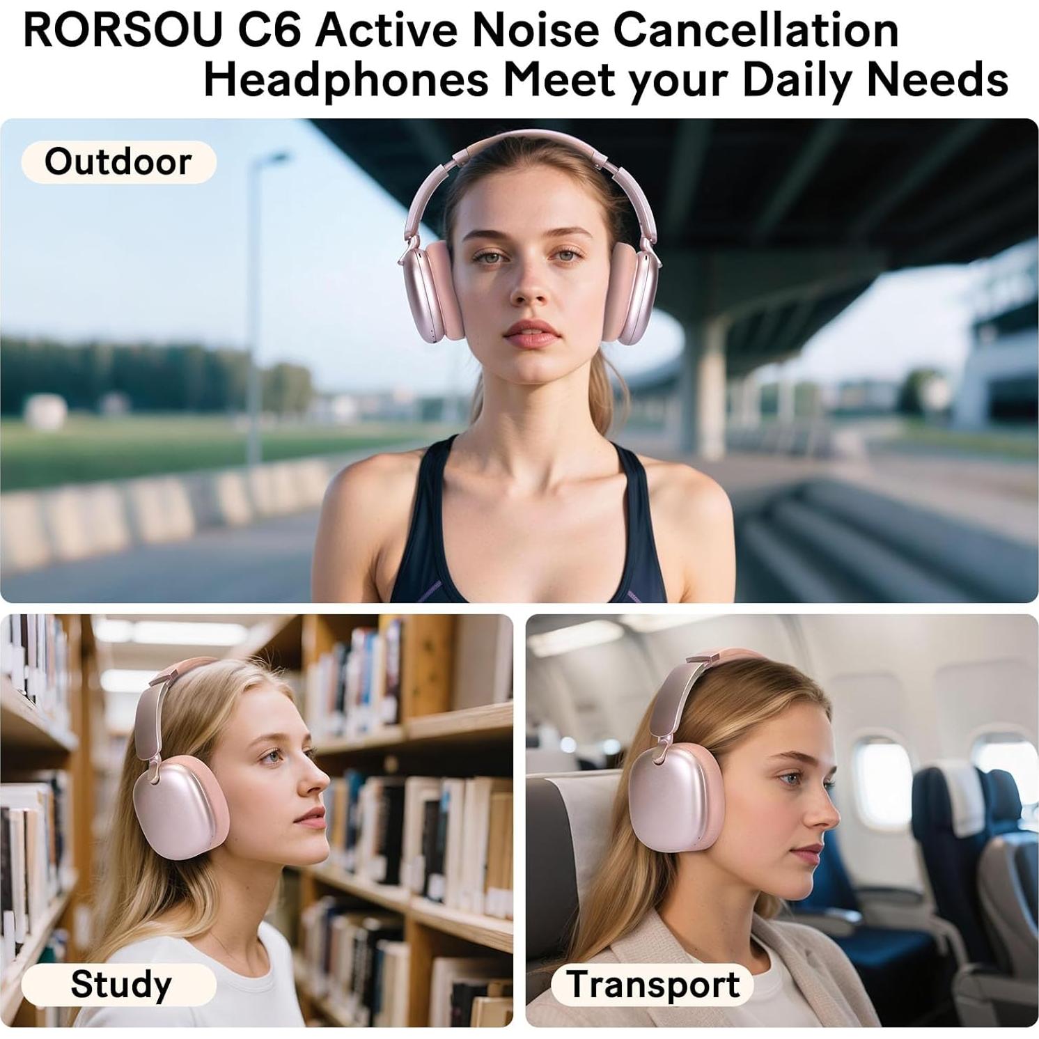 Auriculares RORSOU C6 Bluetooth 5.4 ANC Rosa Oro 60h