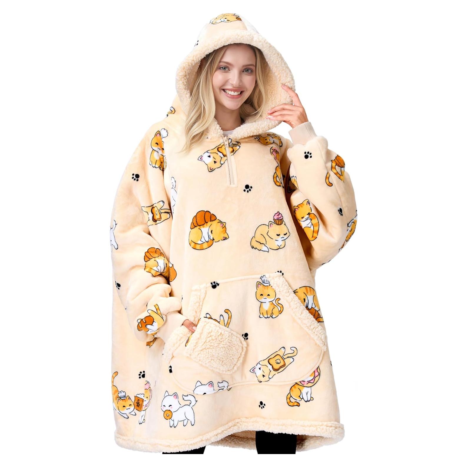 Manta con Capucha Giggling Getup Sherpa para Adultos - Gato Beige