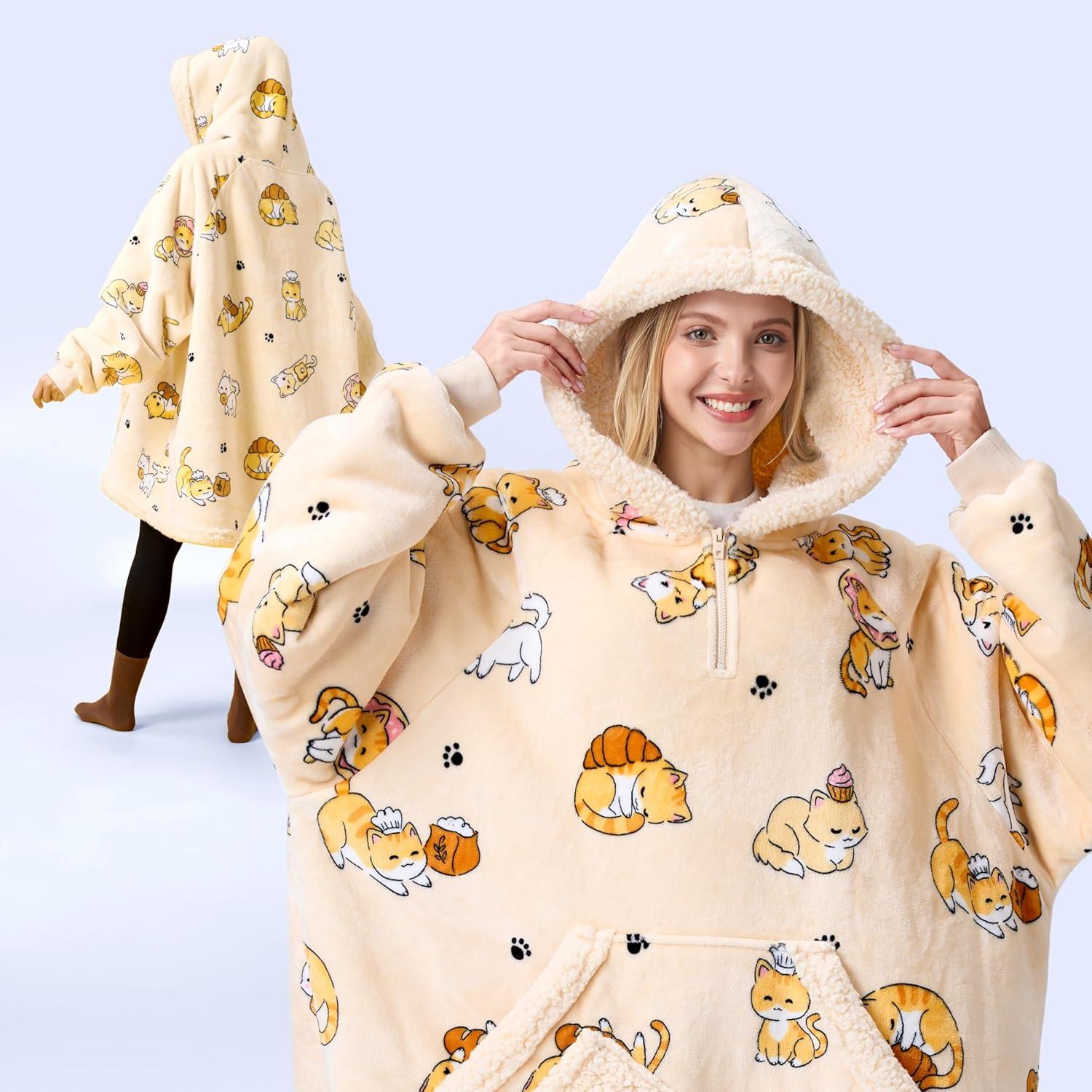 Manta con Capucha Giggling Getup Sherpa para Adultos - Gato Beige