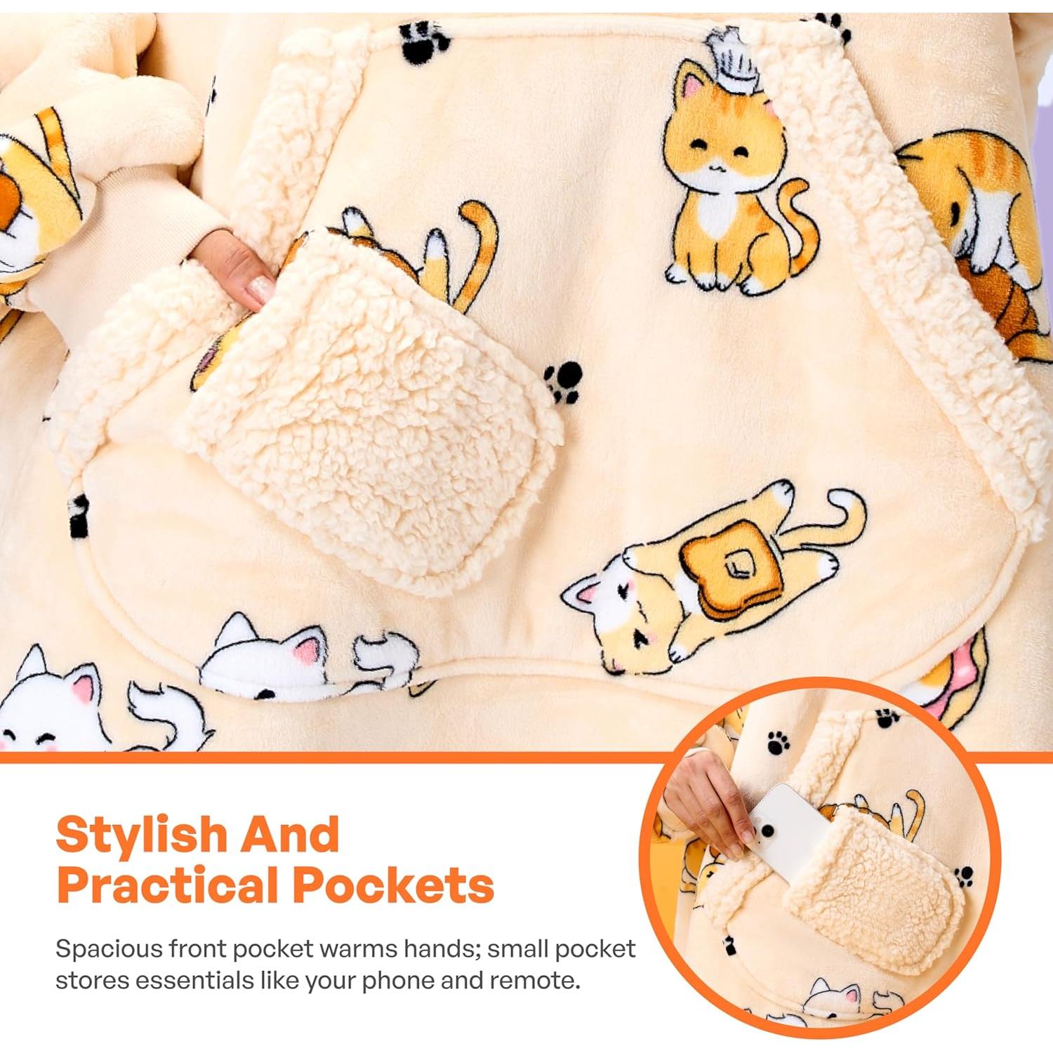 Manta con Capucha Giggling Getup Sherpa para Adultos - Gato Beige