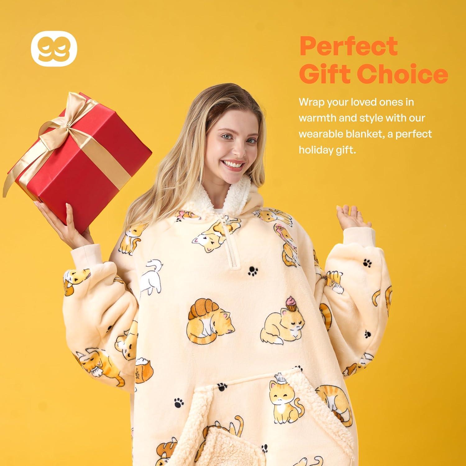 Manta con Capucha Giggling Getup Sherpa para Adultos - Gato Beige