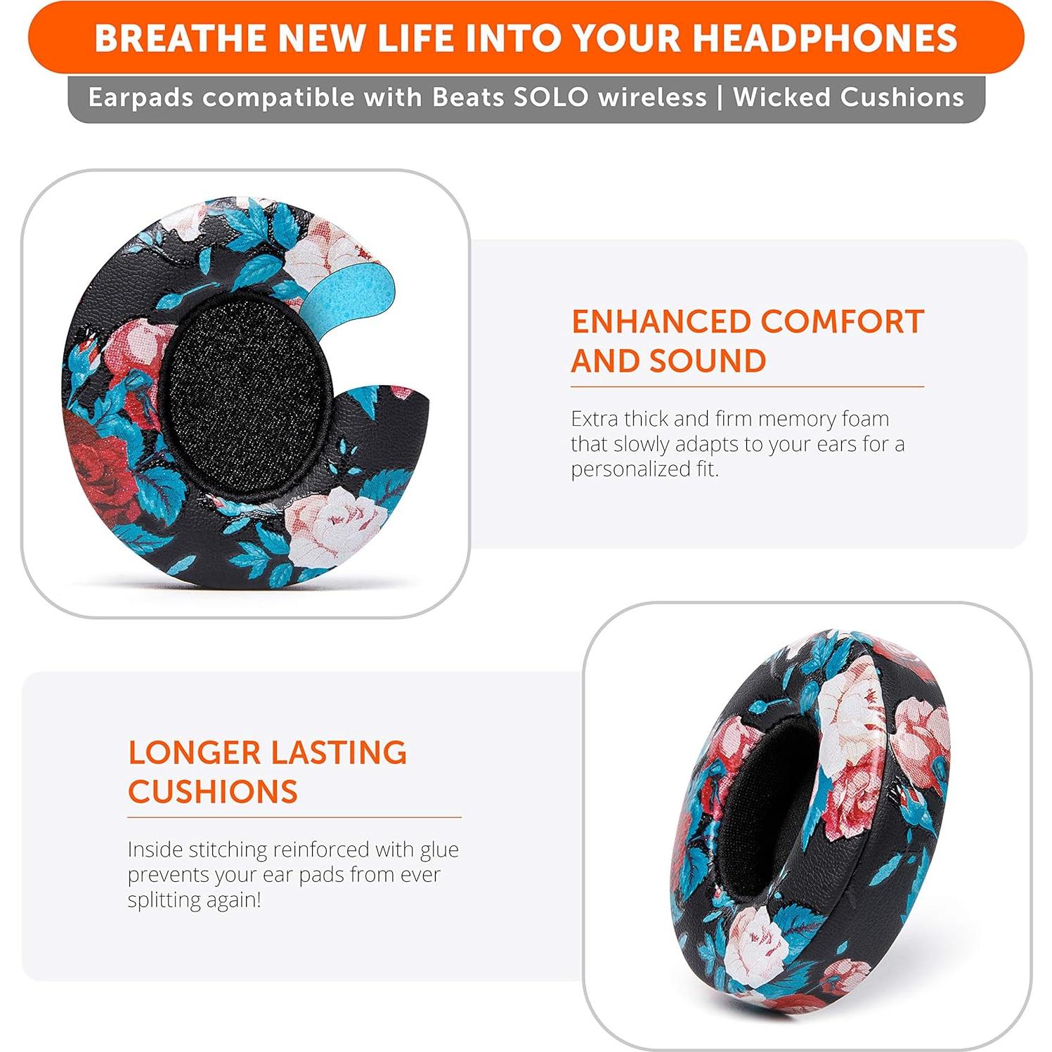 Almohadillas de Repuesto Wicked Cushions para Beats Solo 2 y 3 - Cuero Suave, Espuma de Memoria, Color Negro Floral