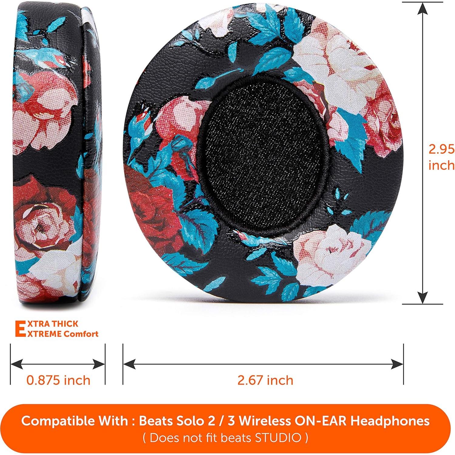 Almohadillas de Repuesto Wicked Cushions para Beats Solo 2 y 3 - Cuero Suave, Espuma de Memoria, Color Negro Floral