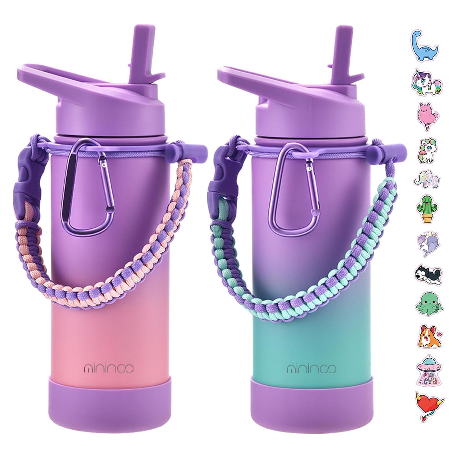 Botella de Agua Mininoo 473ml Acero Inoxidable con Popote 2 Pzas