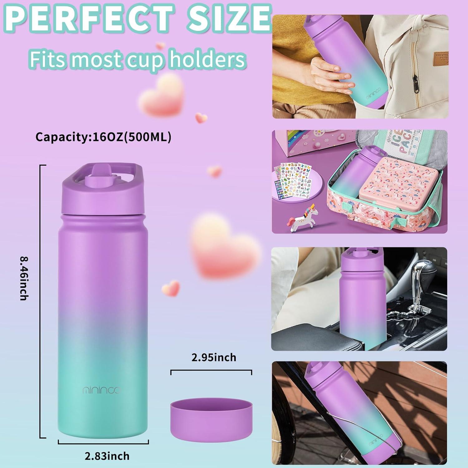 Botella de Agua Mininoo 473ml Acero Inoxidable con Popote 2 Pzas