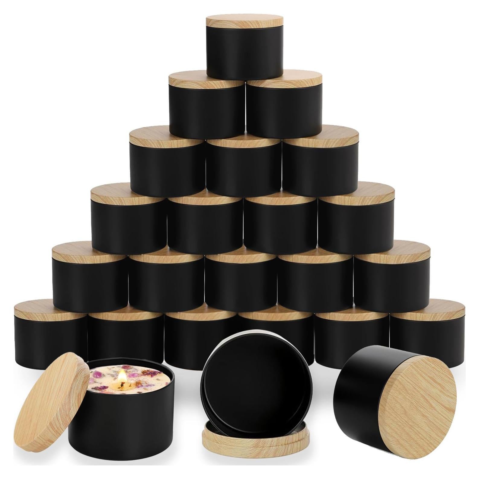 Latas de Vela Negras ABK 24PCS 118ml con Tapas de Madera