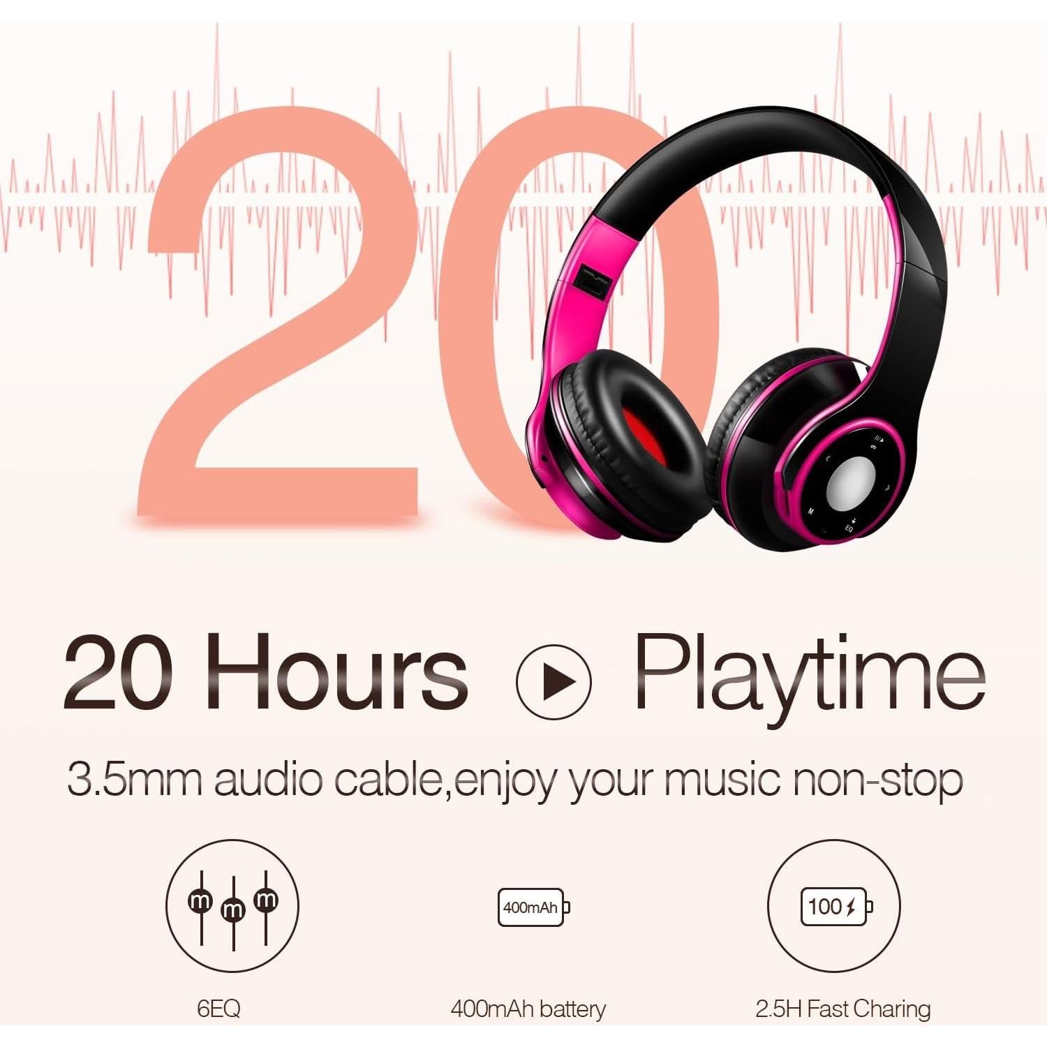 Auriculares Bluetooth Inalámbricos HiFi Plegables Rosa - 20h Batería