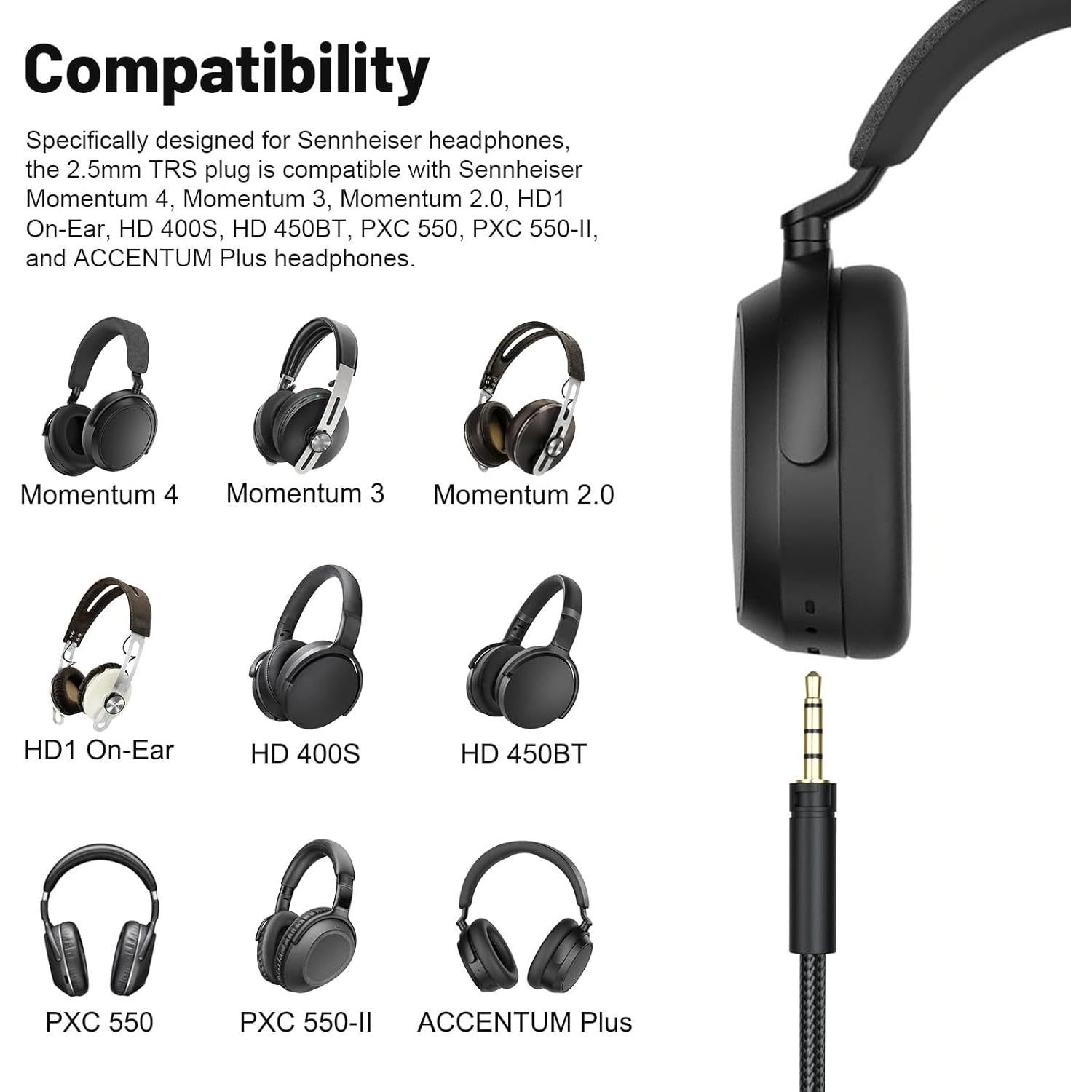 Cable de audio Zosvoses 1.45m para Sennheiser Momentum 4/3/2.0