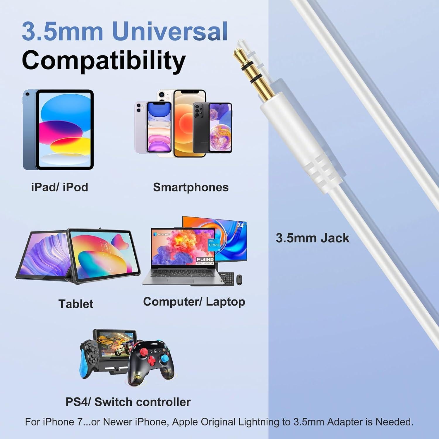 Cable de audio 2.5mm a 3.5mm Callez para auriculares Bose y JBL - Blanco