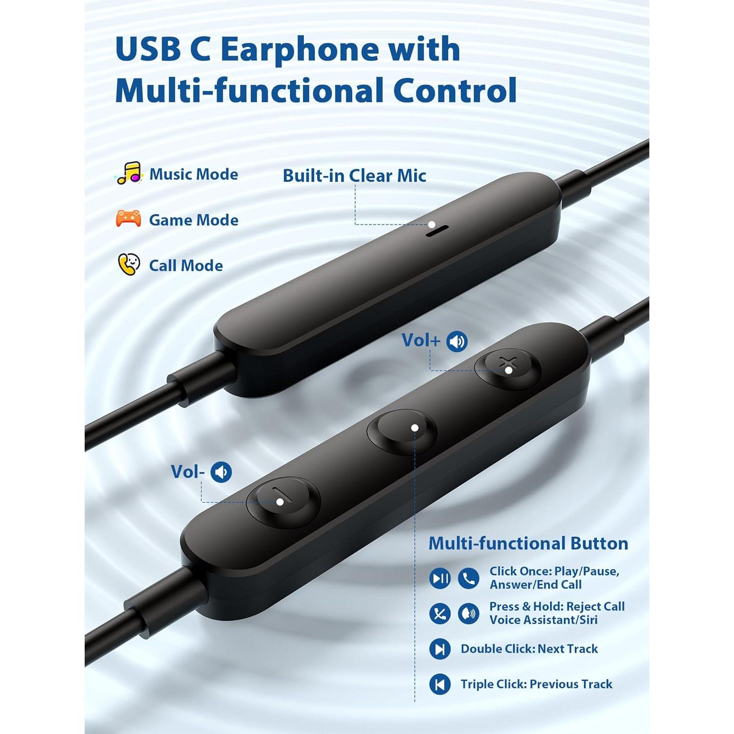 Wired Earbuds USB Type C Headphone for iPhone 17 Pro Max 16e 16 Pro 15 Plus Sasmung A17 A16 S25 S24 FE S23 A36 in-Ear Noise Canceling Magnetic Headset Android Earphone for iPad A16 Pixel 10 9 9a 8 8a