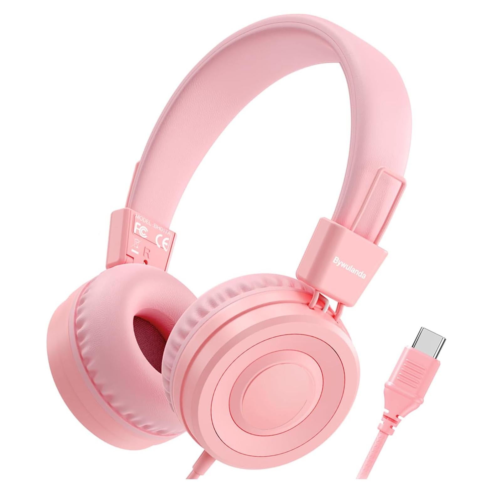 Upgrade USB Type C Kids Headphone for School, 94dB Safe Volume Limited, HD Stereo Sound, Foldable Lightweight On-Ear Headphones for Boys/Girls/Students/Tablet/Travel(Light Pink)
