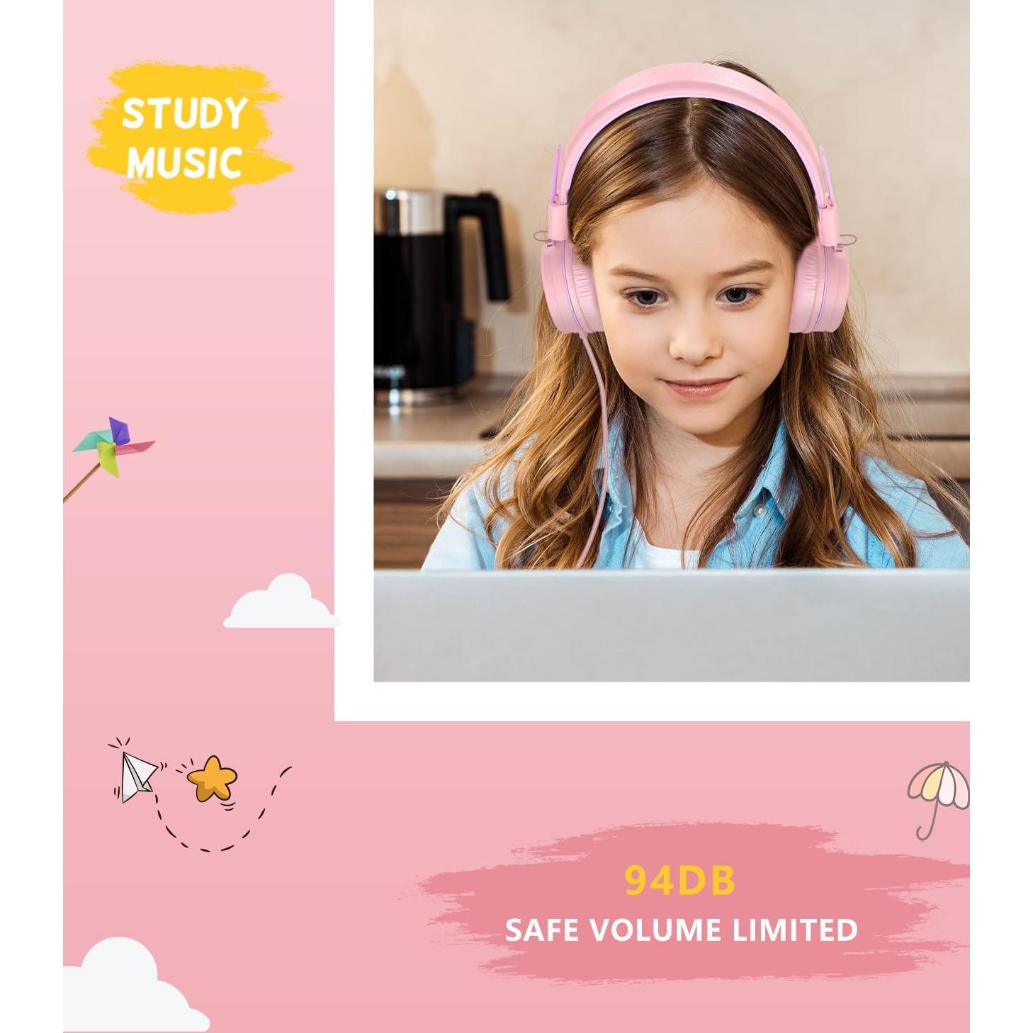 Upgrade USB Type C Kids Headphone for School, 94dB Safe Volume Limited, HD Stereo Sound, Foldable Lightweight On-Ear Headphones for Boys/Girls/Students/Tablet/Travel(Light Pink)