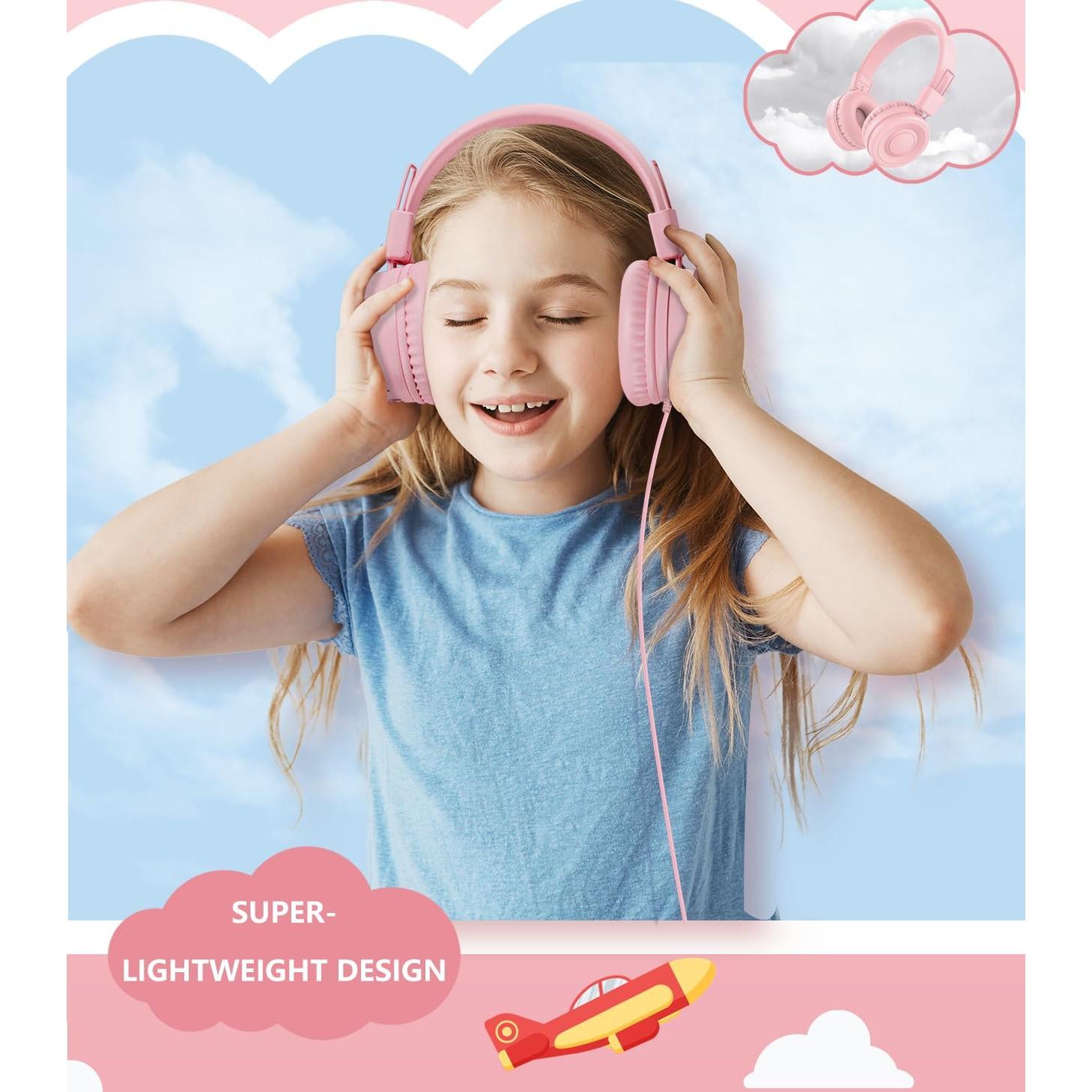 Upgrade USB Type C Kids Headphone for School, 94dB Safe Volume Limited, HD Stereo Sound, Foldable Lightweight On-Ear Headphones for Boys/Girls/Students/Tablet/Travel(Light Pink)