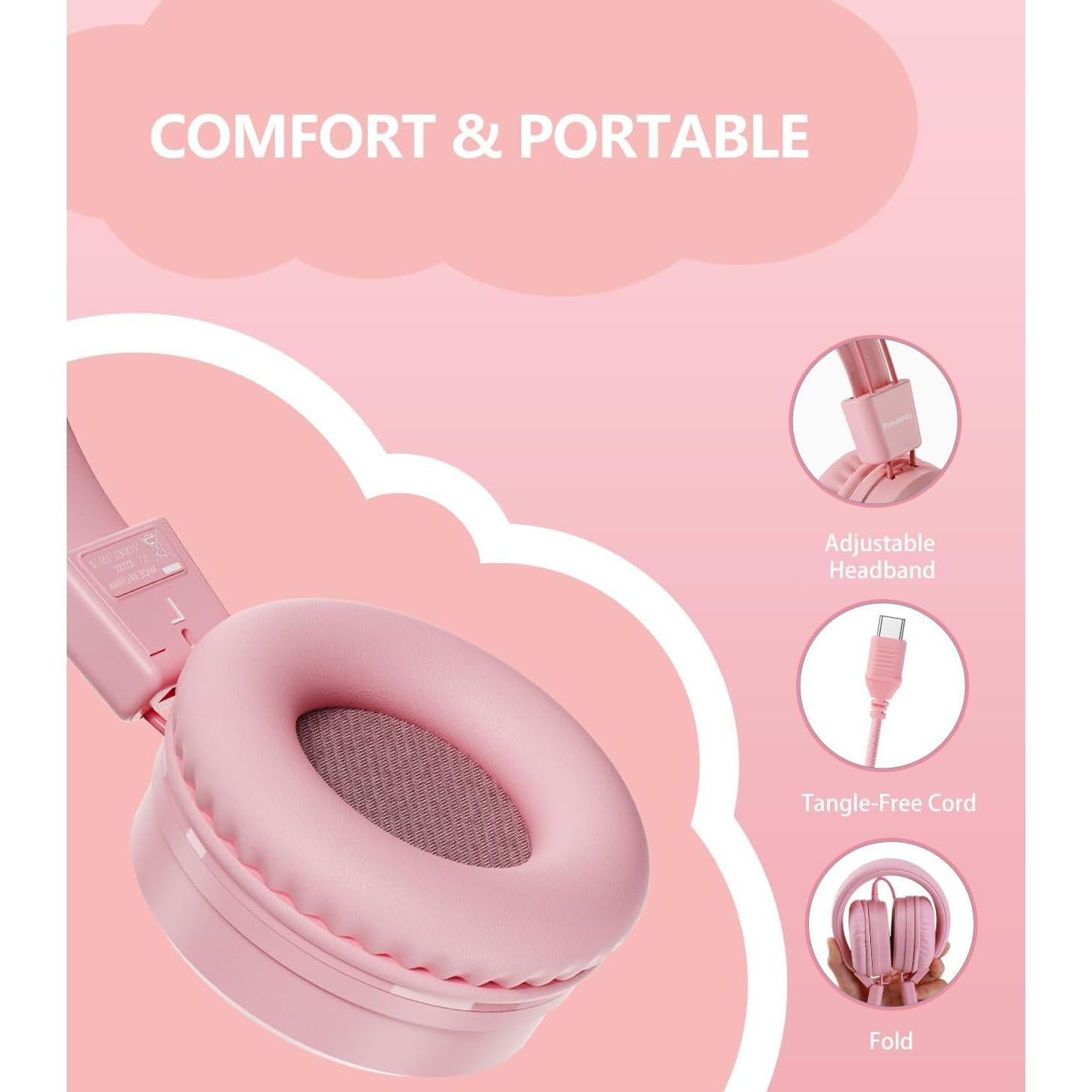 Upgrade USB Type C Kids Headphone for School, 94dB Safe Volume Limited, HD Stereo Sound, Foldable Lightweight On-Ear Headphones for Boys/Girls/Students/Tablet/Travel(Light Pink)