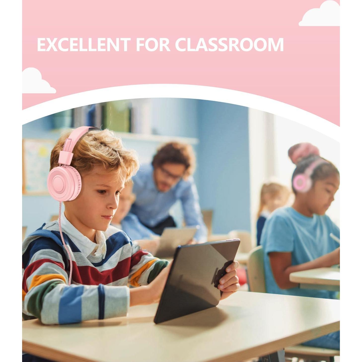 Upgrade USB Type C Kids Headphone for School, 94dB Safe Volume Limited, HD Stereo Sound, Foldable Lightweight On-Ear Headphones for Boys/Girls/Students/Tablet/Travel(Light Pink)