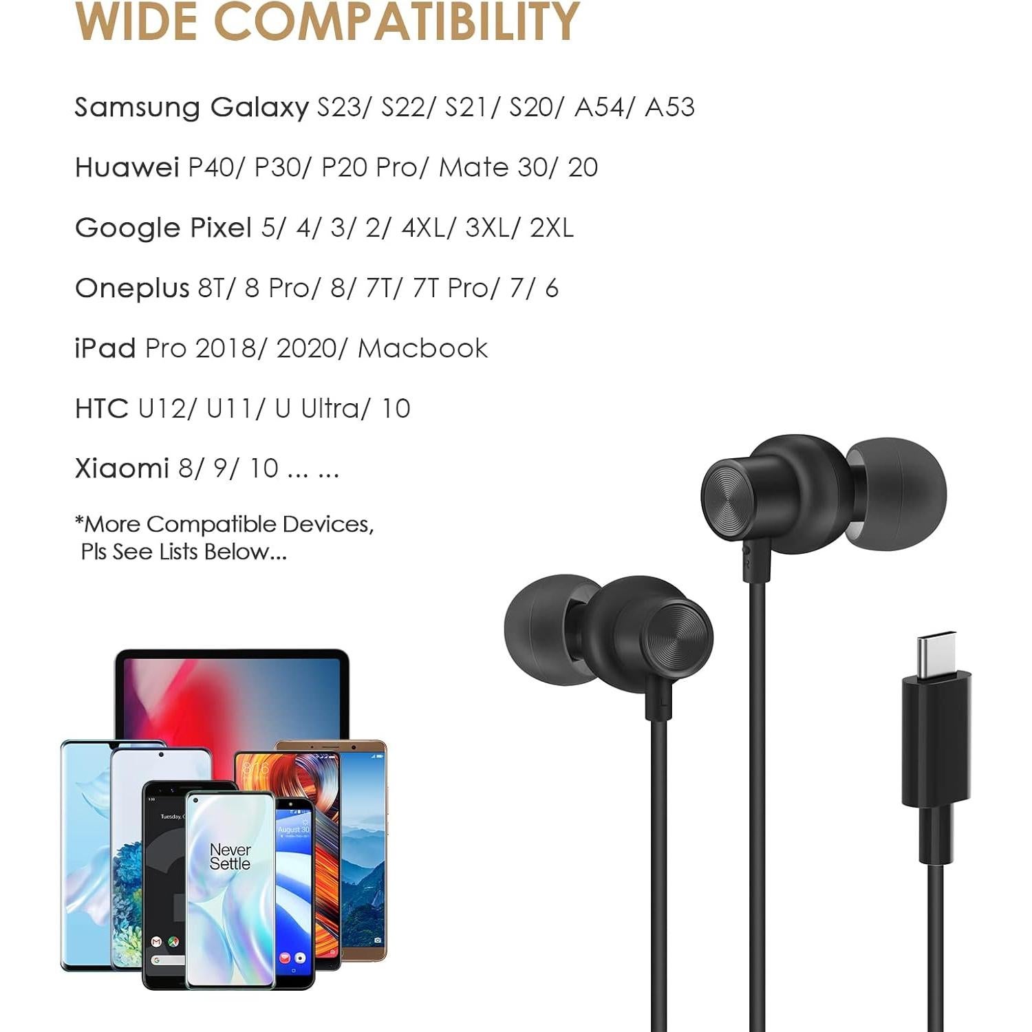 Auriculares In Ear PALOVUE USB Tipo C con Micrófono Negro