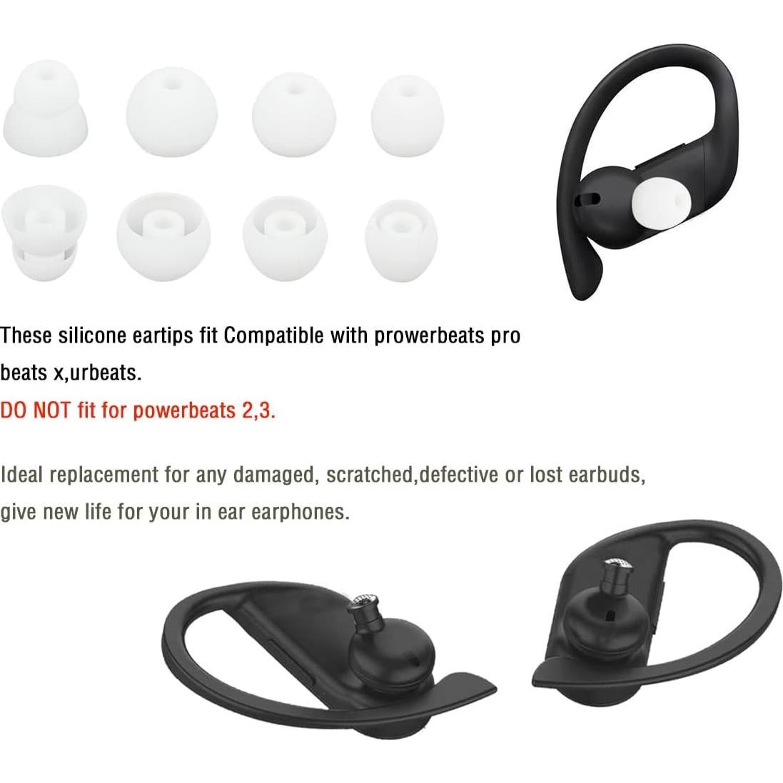 Replacement Silicone Ear Tips Earbuds Buds Set Compatible with Powerbeats Pro Beats Wireless Earphone Headphones,4 Pairs（White）