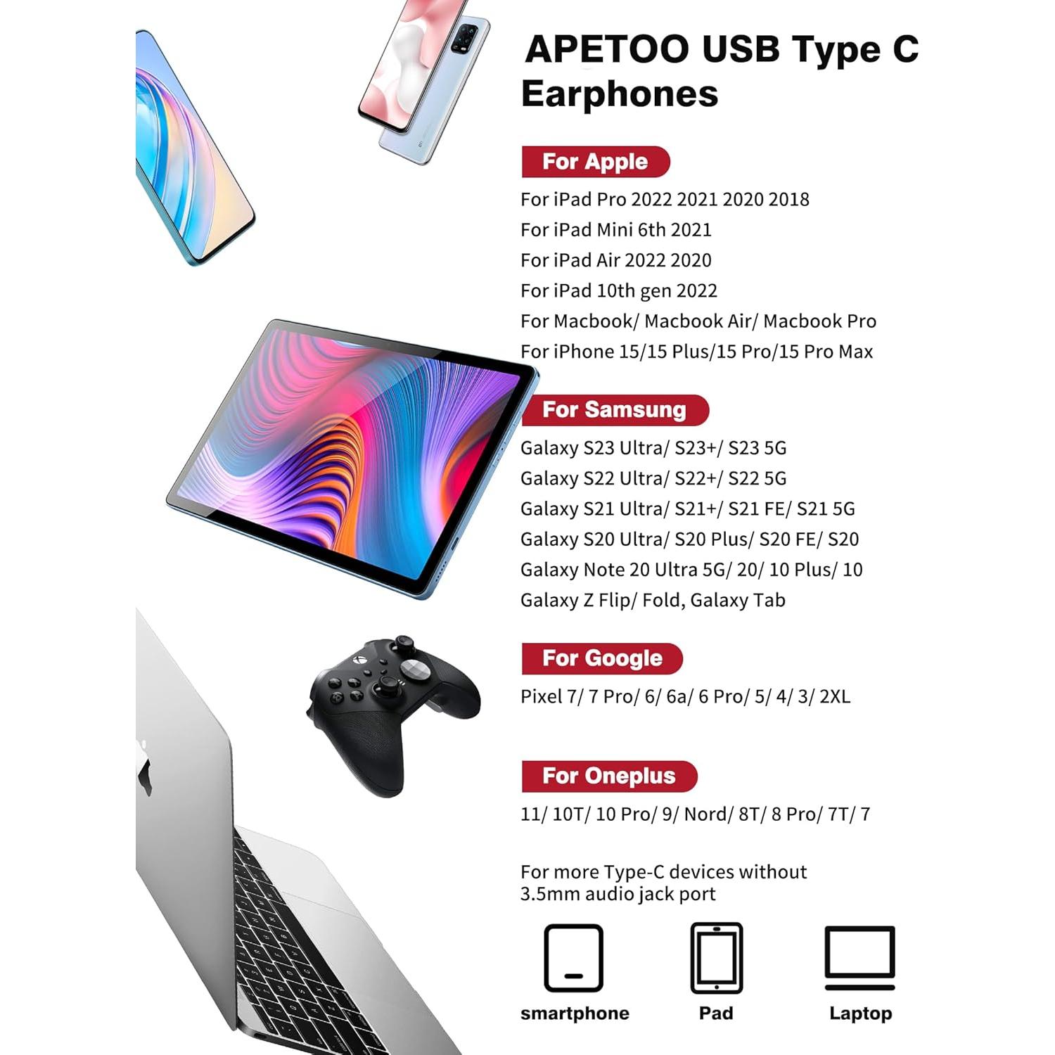 Auriculares USB C APETOO-0089 HiFi Estéreo con Micrófono