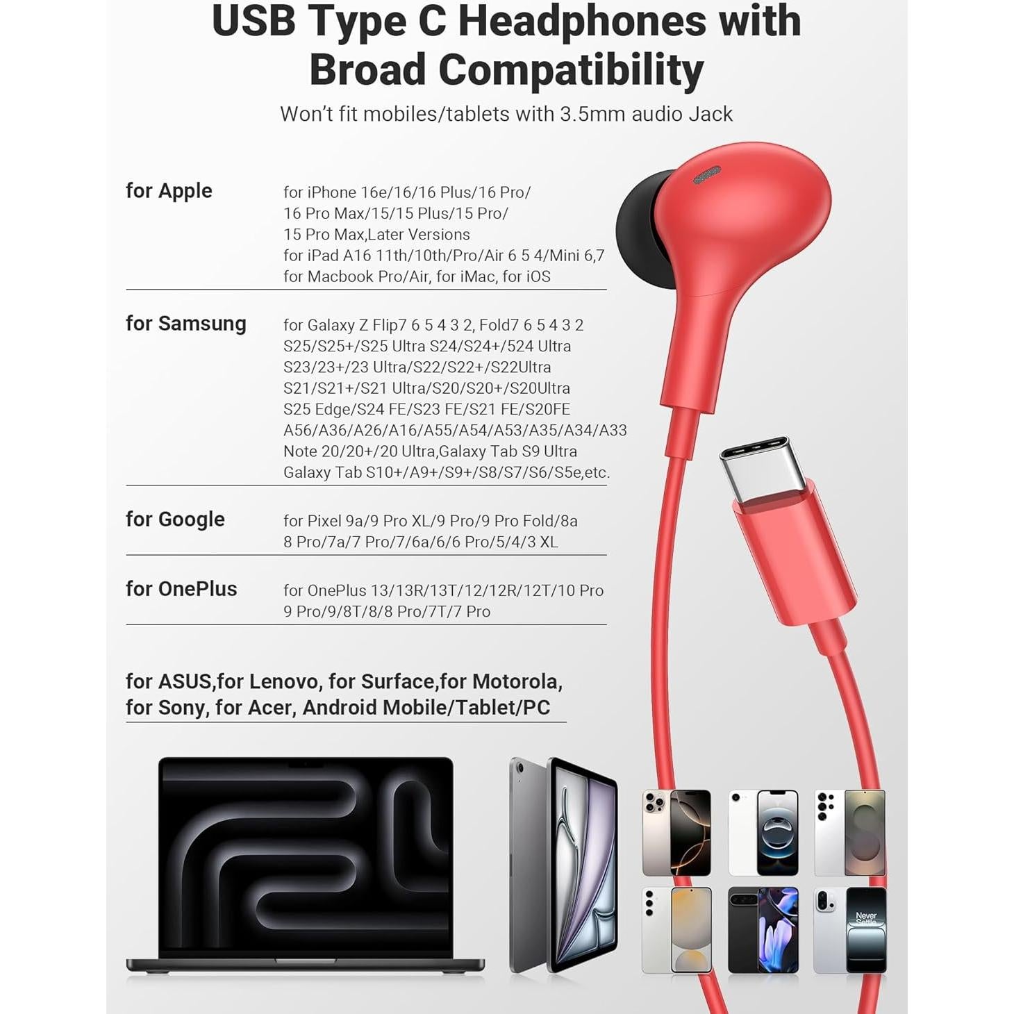 Auriculares USB C In Ear Bonitos con Micrófono y Control de Volumen
