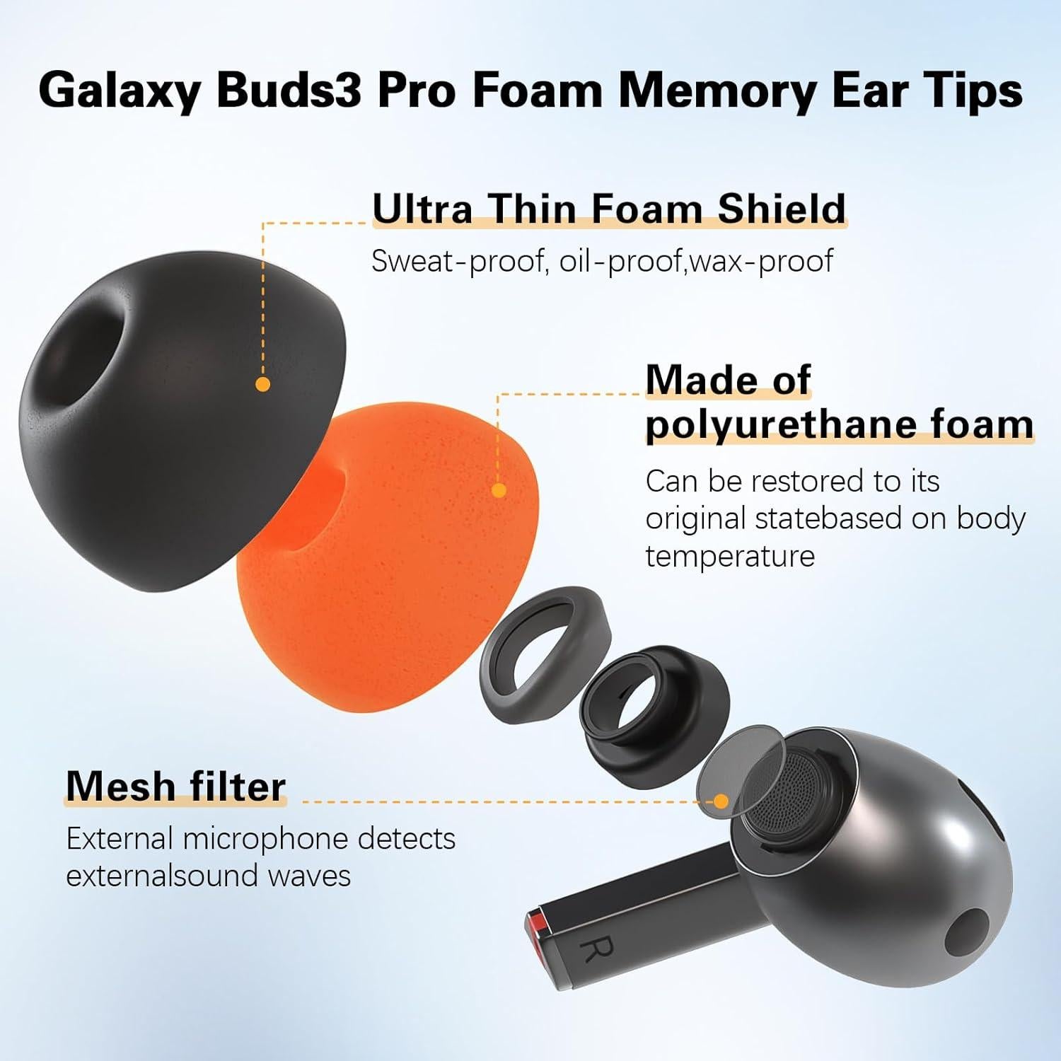 Puntas de oído viscoelásticas para Samsung Galaxy Buds3 Pro - Naranja Mediano