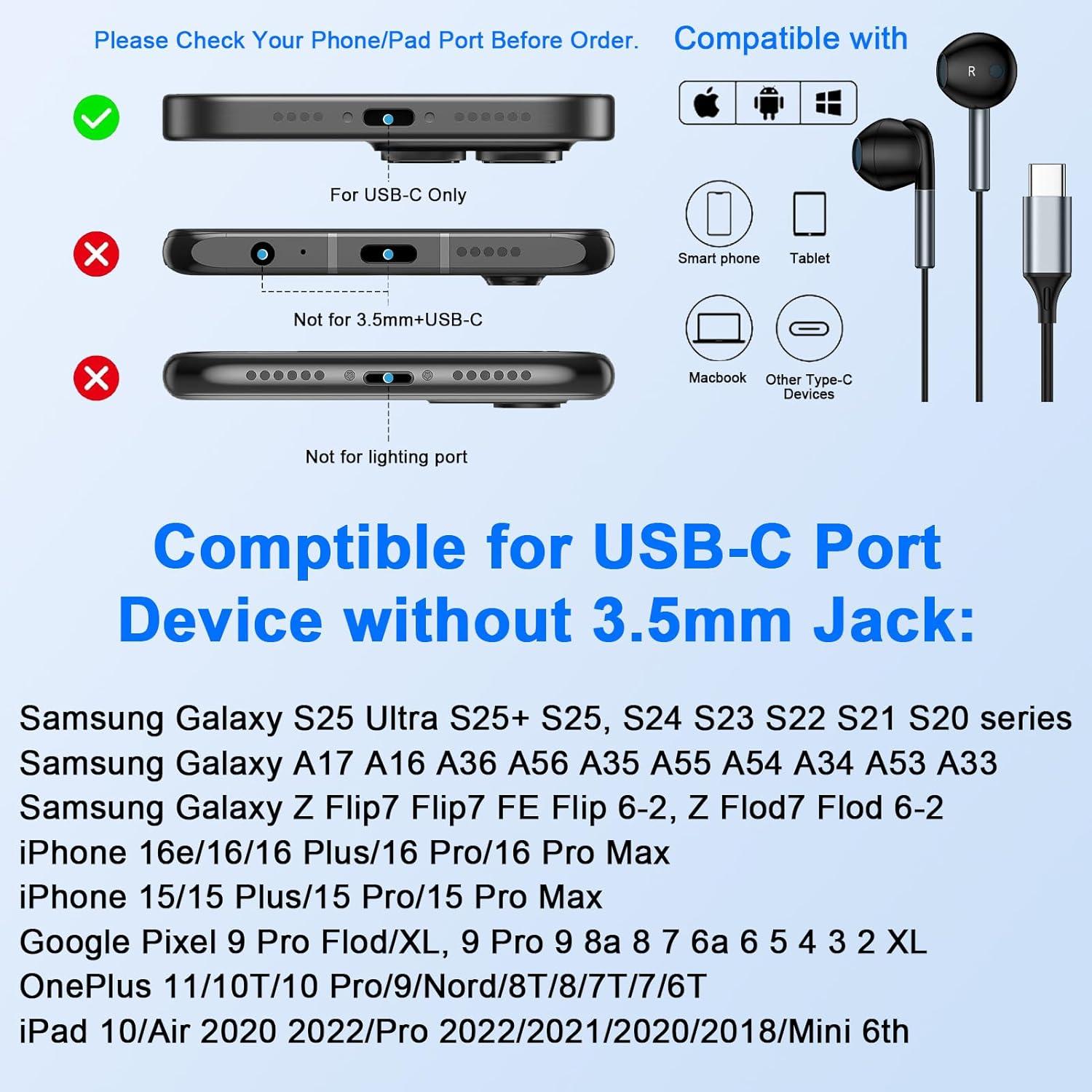 Auriculares con cable USB-C Samsung A17 A16 S25 Z Fold 4 pies