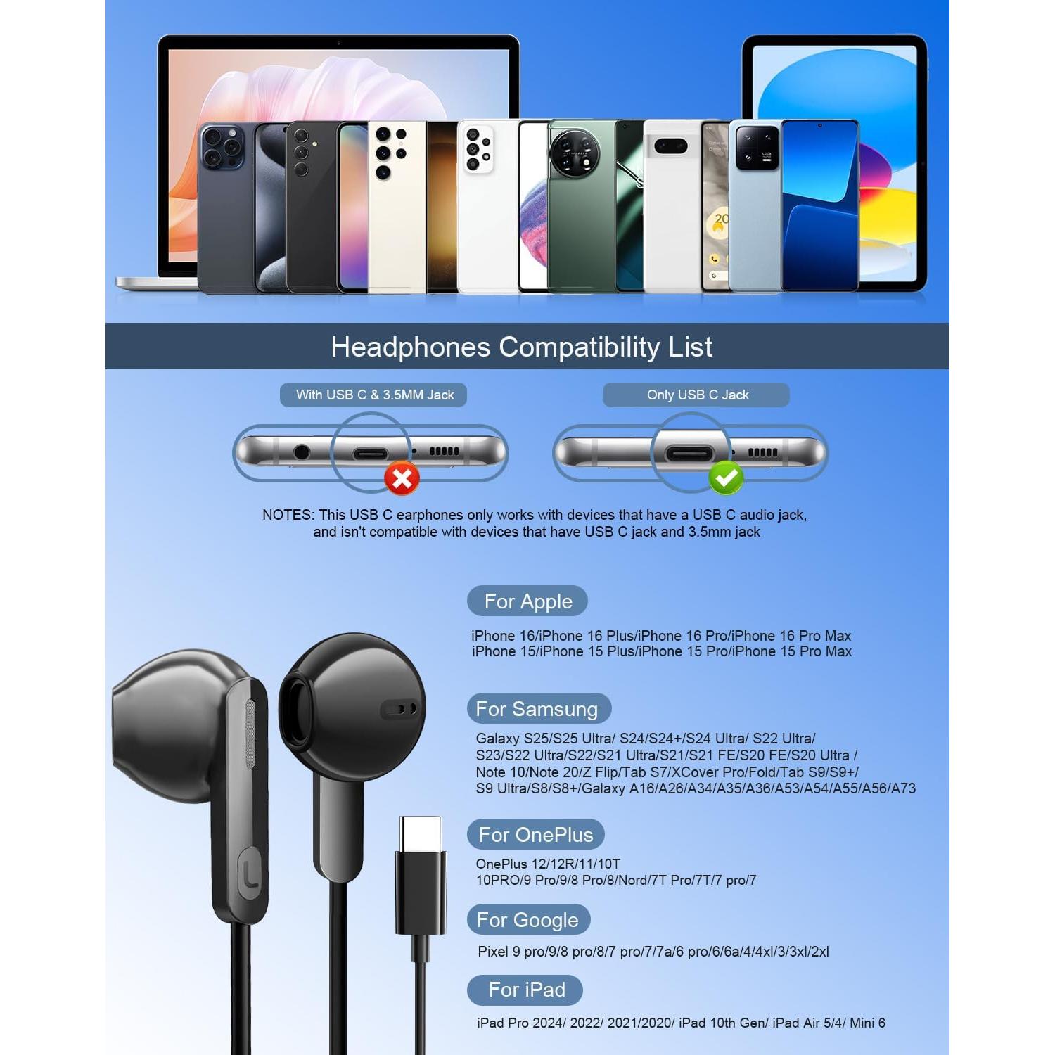 Auriculares USB C LCdaymini para iPhone 16 y Samsung Galaxy