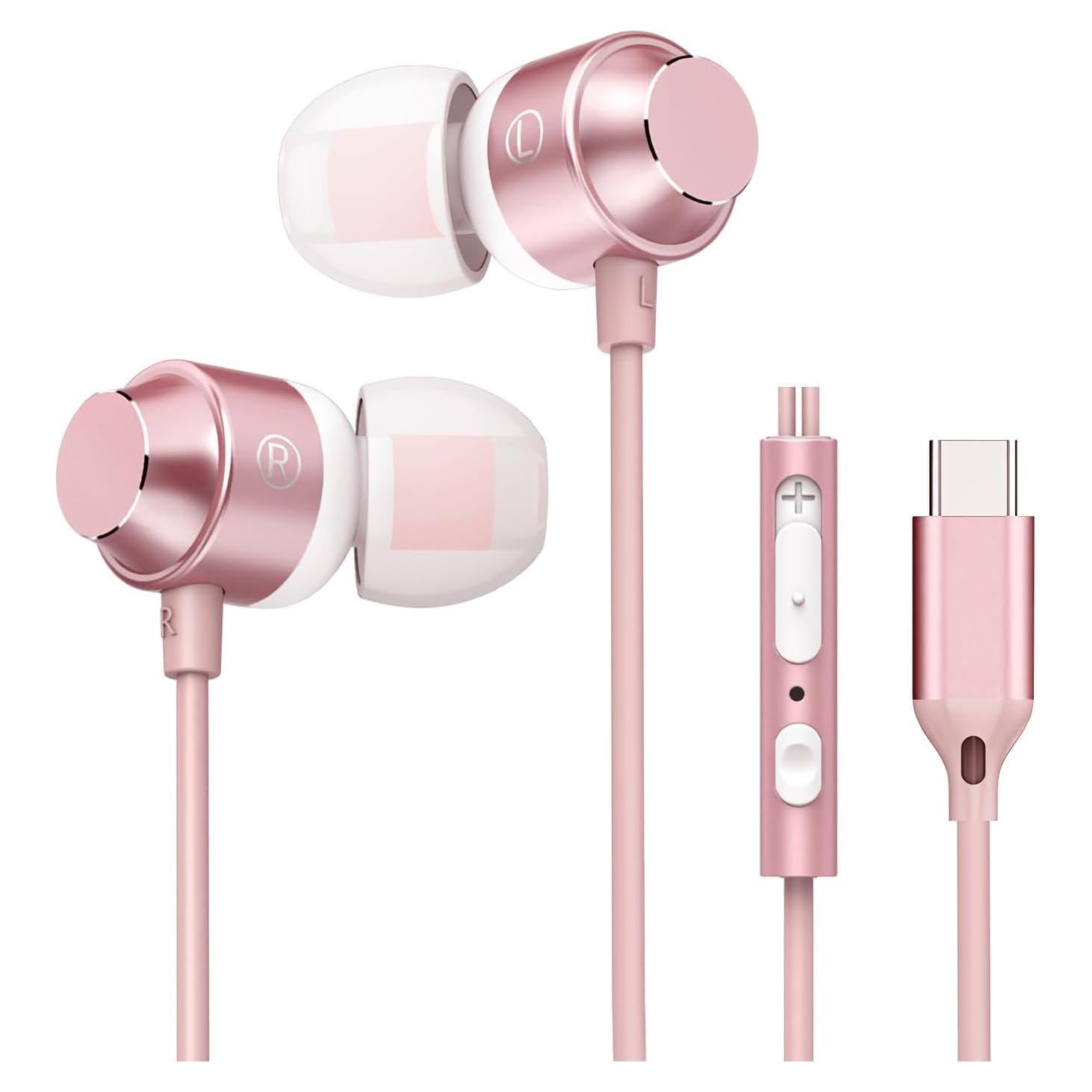 Auriculares USB C In Ear XHTUS T2403 Rosa Oro con Micrófono