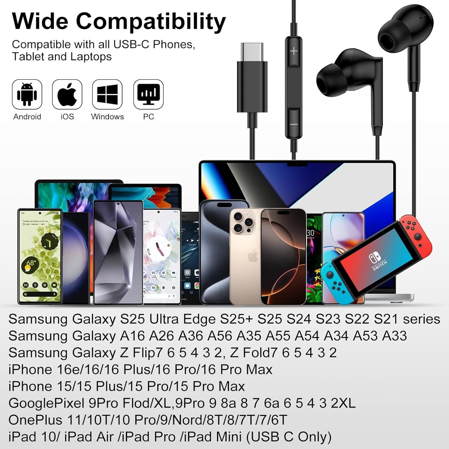 Auriculares USB C Samsung A16 A26 A36 S25 Ultra Estéreo