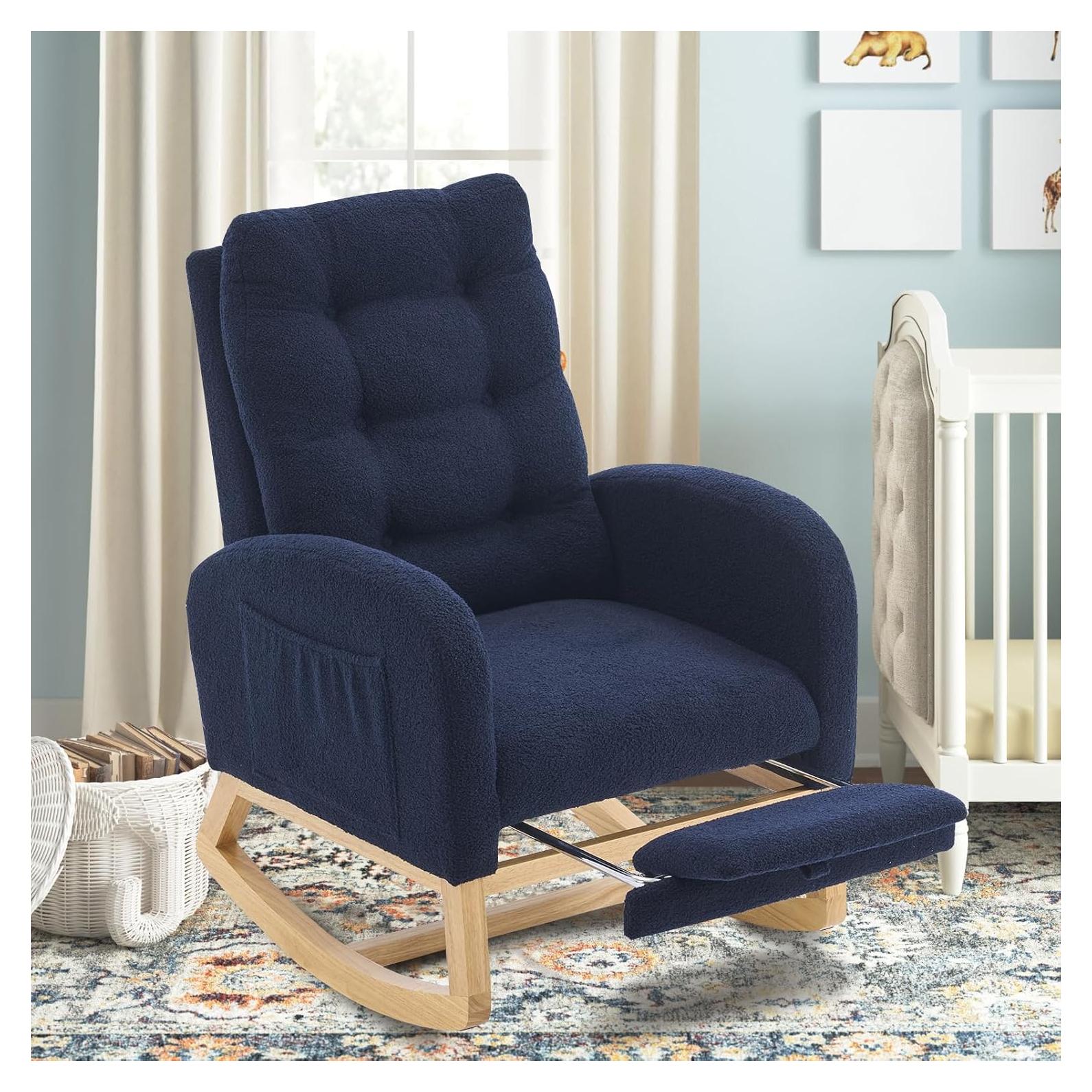Silla Mecedora Cinkehome Glider Azul Teddy con Reposapiés