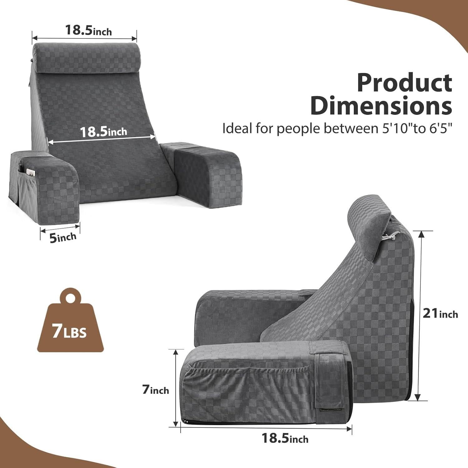 Almohada de Lectura Vekkia 53 cm con Brazos y Respaldo Alto - Soporte Ergonómico para Adultos, Espuma y Funda Desmontable
