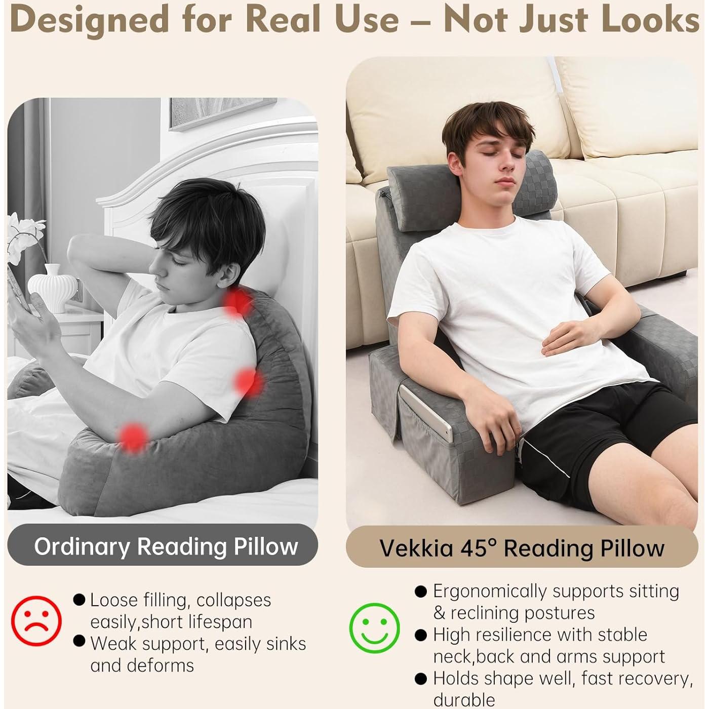 Almohada de Lectura Vekkia 53 cm con Brazos y Respaldo Alto - Soporte Ergonómico para Adultos, Espuma y Funda Desmontable